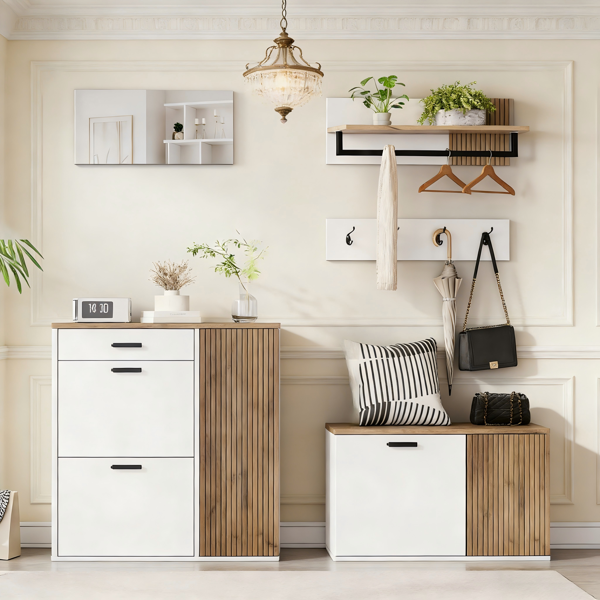 Szafka na buty + wieszak na ubrania + ławka + lustro + zestaw półek ściennych - 5 drzwi i 1 szuflada - Płyta wiórowa - Biały + dąb
