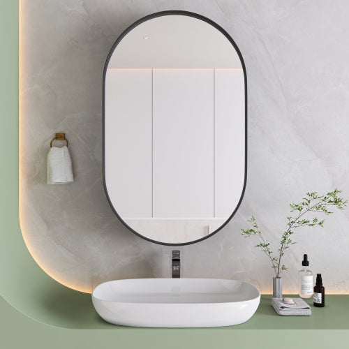 Armario espejo ovalado elegante con estantes ajustables, armario de pared con marco metálico para baño, sala de estar y dormitorio – negro