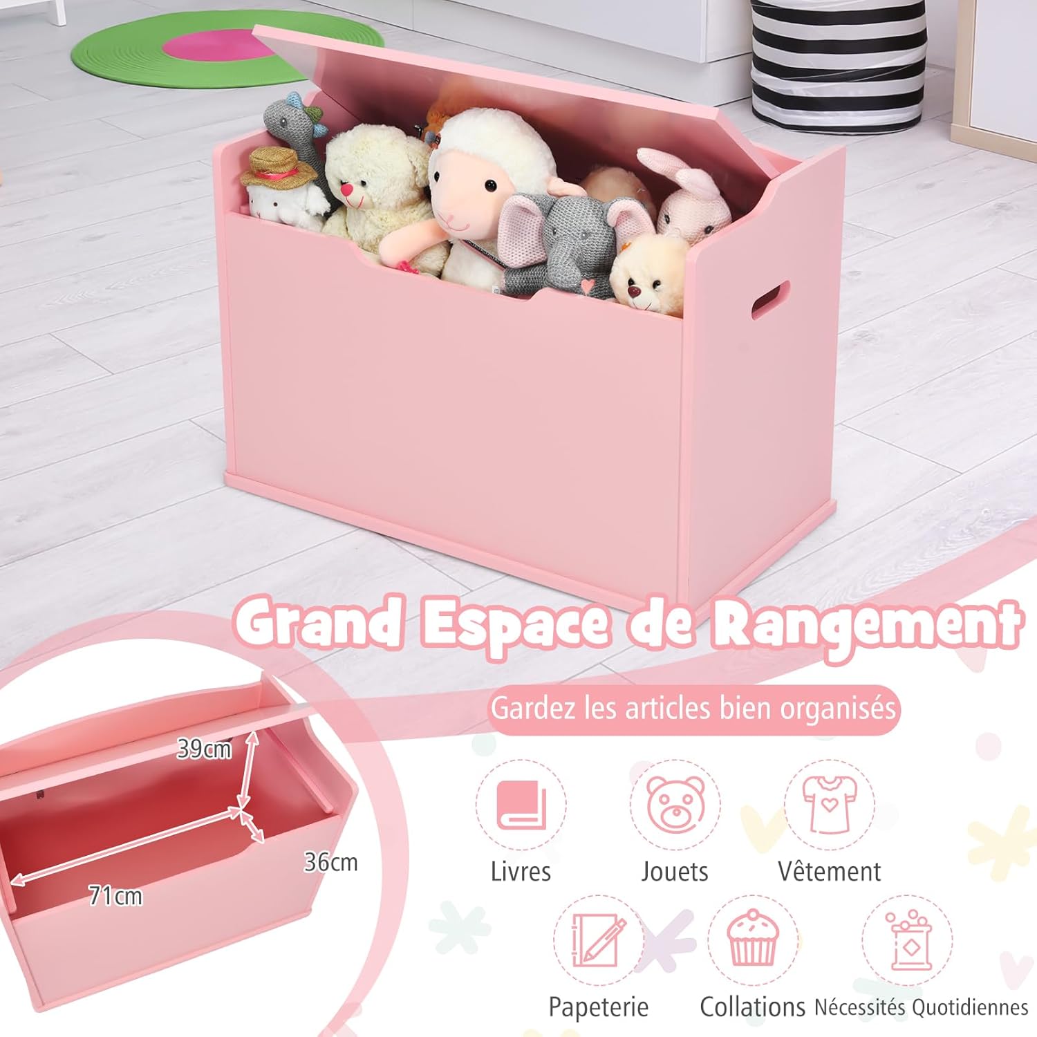 Coffre à jeu en Bois, 4 en 1 Coffre de Rangement avec Banc d'Assise, Couvercle Rabattable, Poignées Latérales, Banc de Rangement (Rose) - 4