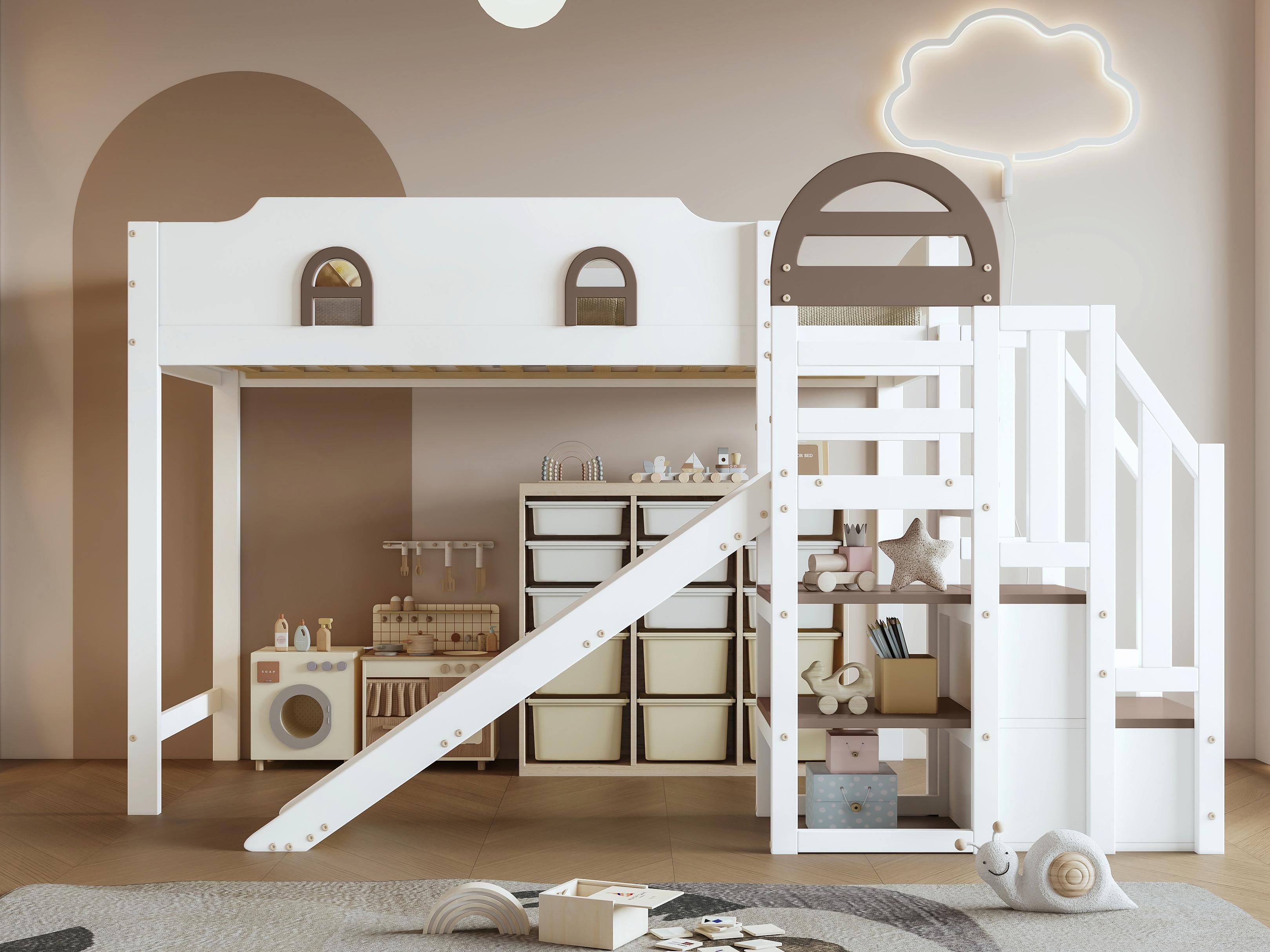 Łóżko antresola 90x200cm - z oknem - ze zjeżdżalnią - schody z poręczą - lite drewno + MDF - biały + brązowy