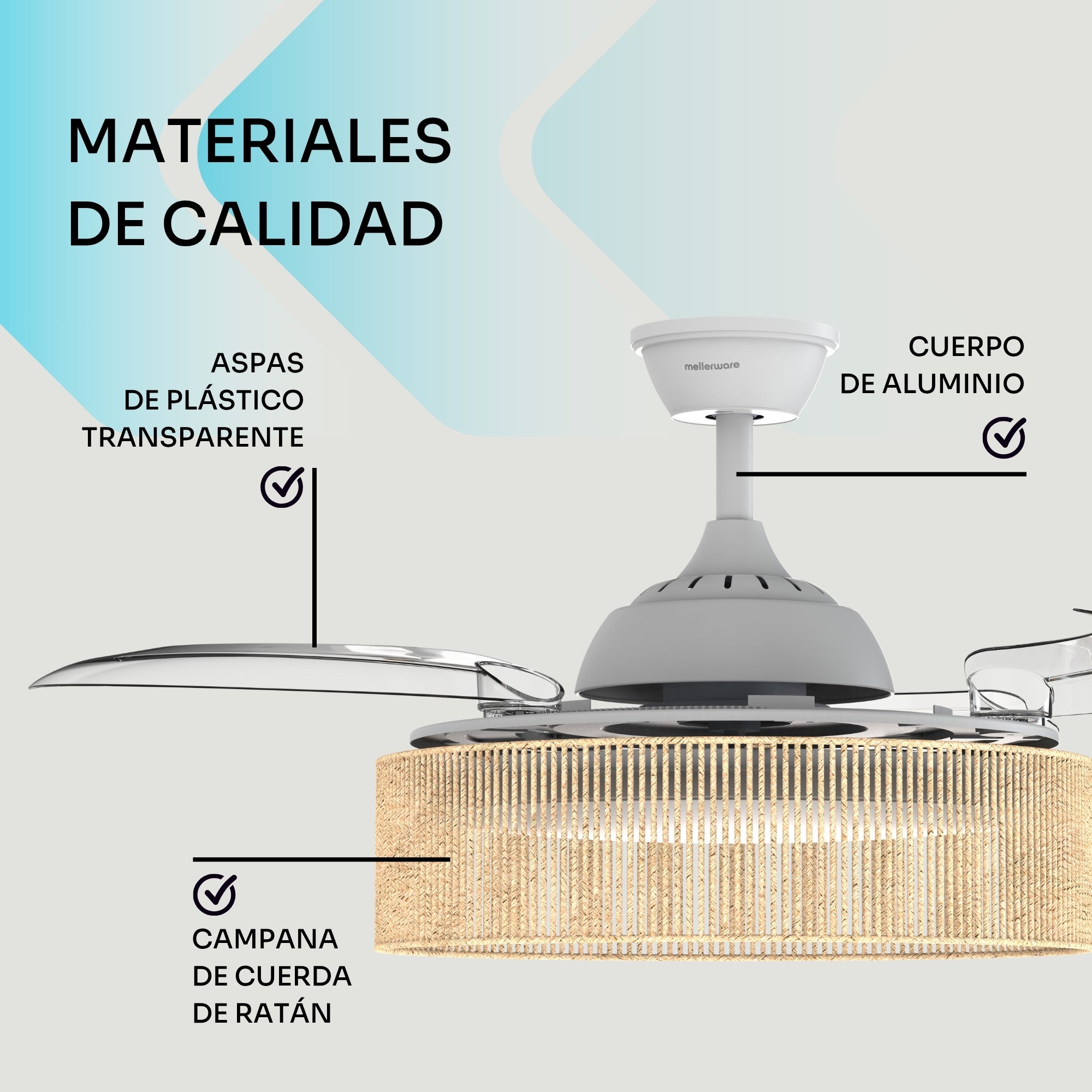 Mellerware - Ventoinha de teto LED regulável Brizy Bright Rattan Sand, acolhedora, verão/inverno, temporizador 8h, até 25 m², para tetos inclinados - 8