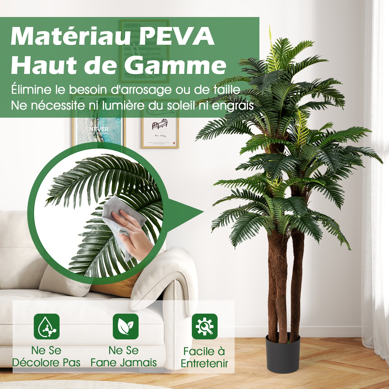 Lot de 2 Palmiers Artificiels de 191 cm, Faux Arbre Tropical en Pot avec 48 Feuilles Ajustables 3 Troncs Réalistes & Mousse, Décoration Moderne - 7