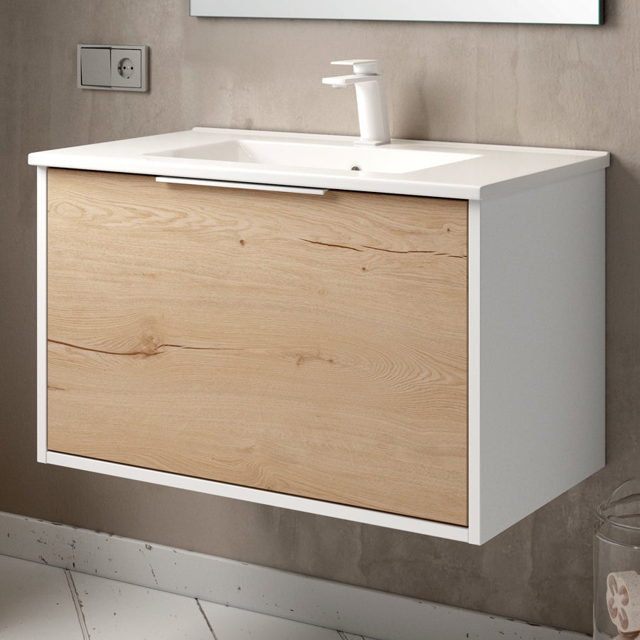 Meuble de salle de bain 80cm simple vasque - 1 façade et 2 tiroirs - ALBA - blanc/roble - 2