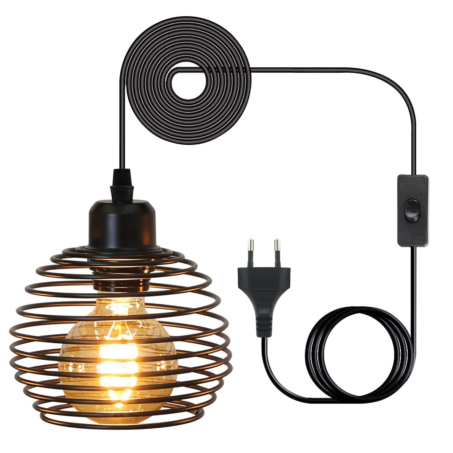 ZMH Lampa wisząca E27, czarna, średnica 15 cm, metalowa, sprężynowa, w stylu vintage, z wtyczką i przełącznikiem, do salonu i kuchni, maks. 40 W