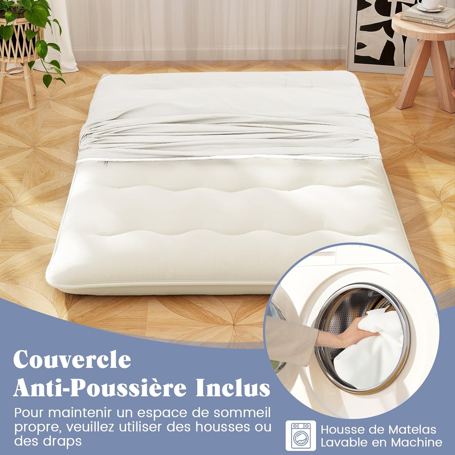 Colchão Futon Japonês para 2 Pessoas 140x200cm, Cama de Dormir Dobrável e Portátil no Chão com Bolsa de Transporte para Campismo, Viagem, Bege - 4