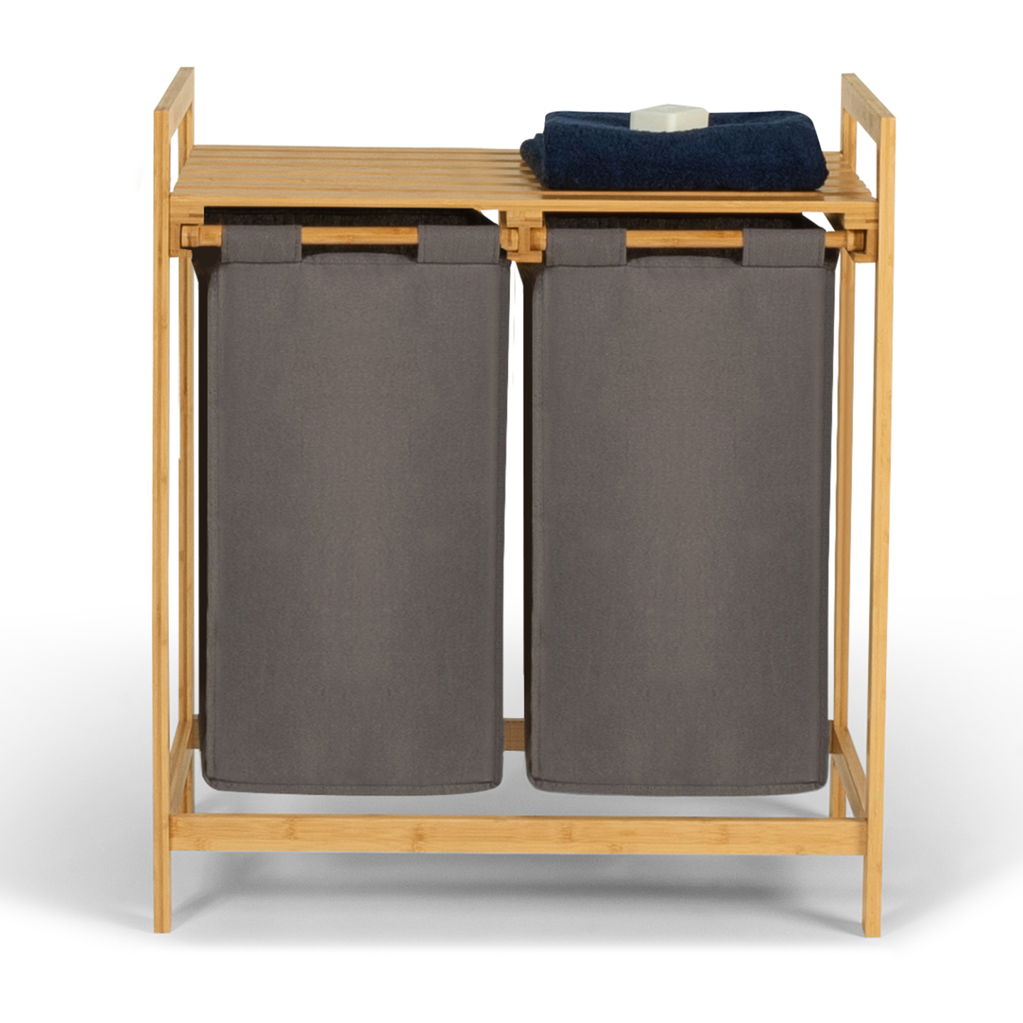 Panier à linge 2 bacs bambou BEA tissu gris foncé - 4