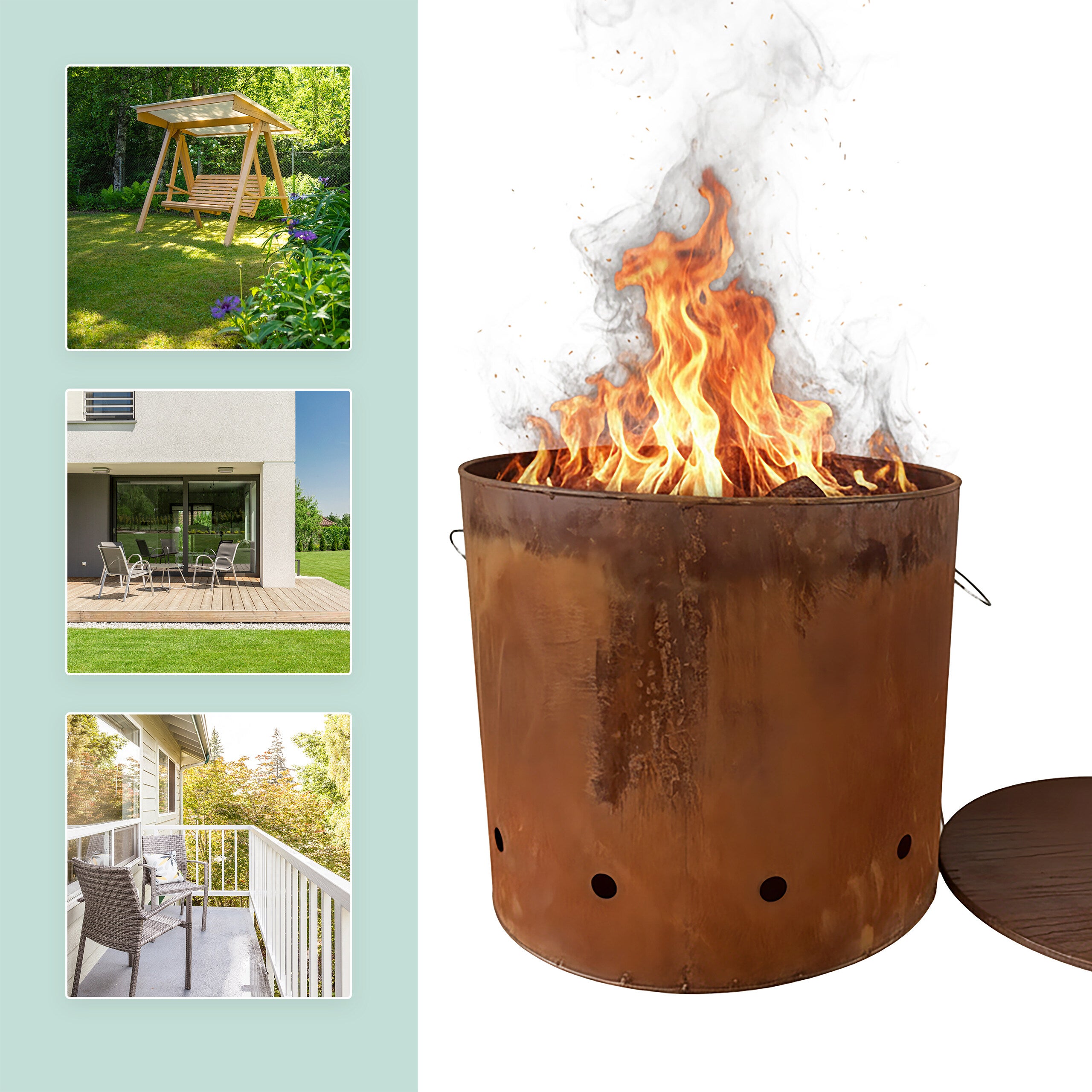 Braseiro de jardim industrial em aço Corten com tampa e efeito ferrugem, tamanho XL, 45 x 49,5 cm, castanho-avermelhado, Relaxdays - 6