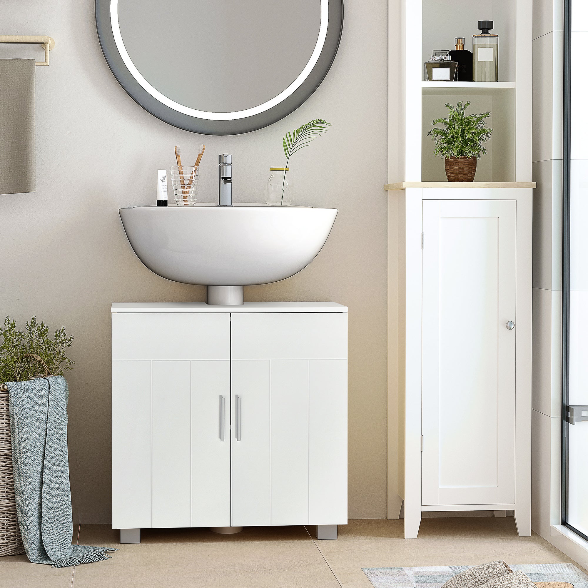 kleankin Mobile Sotto Lavabo Bagno Salvaspazio a U con 2 Ante e Ripiano Interno Regolabile, 60x30x60cm, Bianco - 2