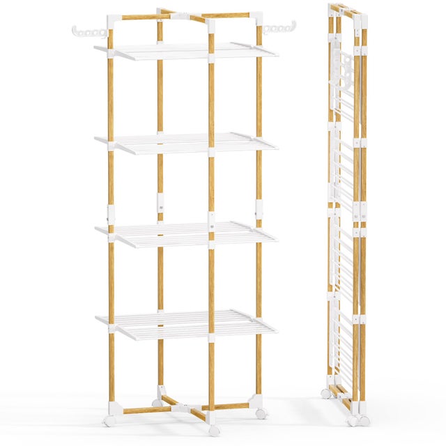 Séchoir à linge tour pliable 99x69x175,5cm, Étendoir 4 niveaux grande capacité avec roulettes, 33m d’étendage, Blanc, VOUNOT®