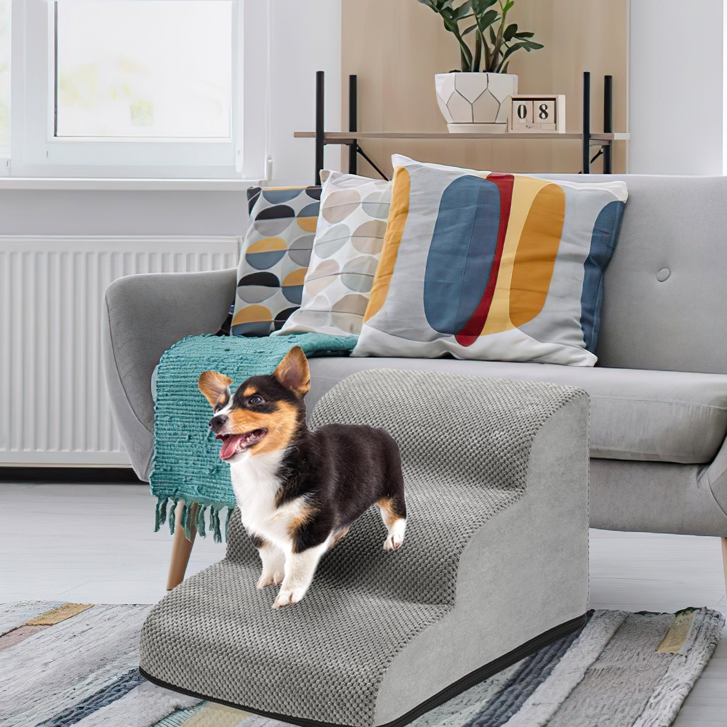 Escalera para perros de tres peldaños fabricada en espuma de alta densidad, especialmente diseñada para mascotas. Alfombrilla antideslizante lavable. - 6