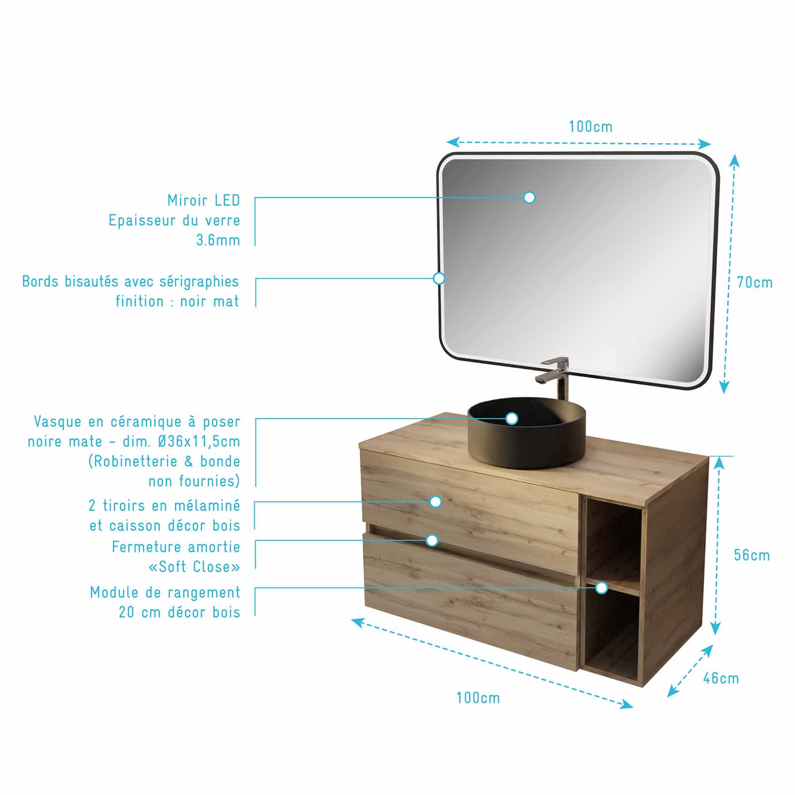 Meuble salle de bains 100 TIMBER Décor Chêne 2 Tiroirs, Vasque Noire, Miroir 100x70 LED bord Noir - 4