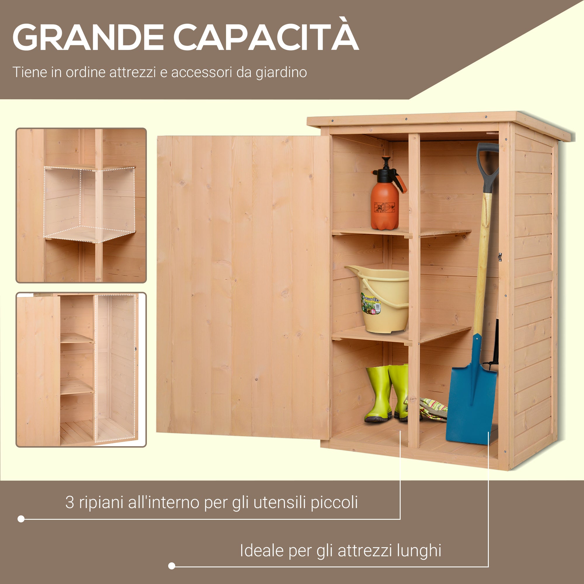 Outsunny Casetta da Giardino in Legno di Abete con Tetto Impermeabile e 2 Mensole, 75x56x115 cm - 4