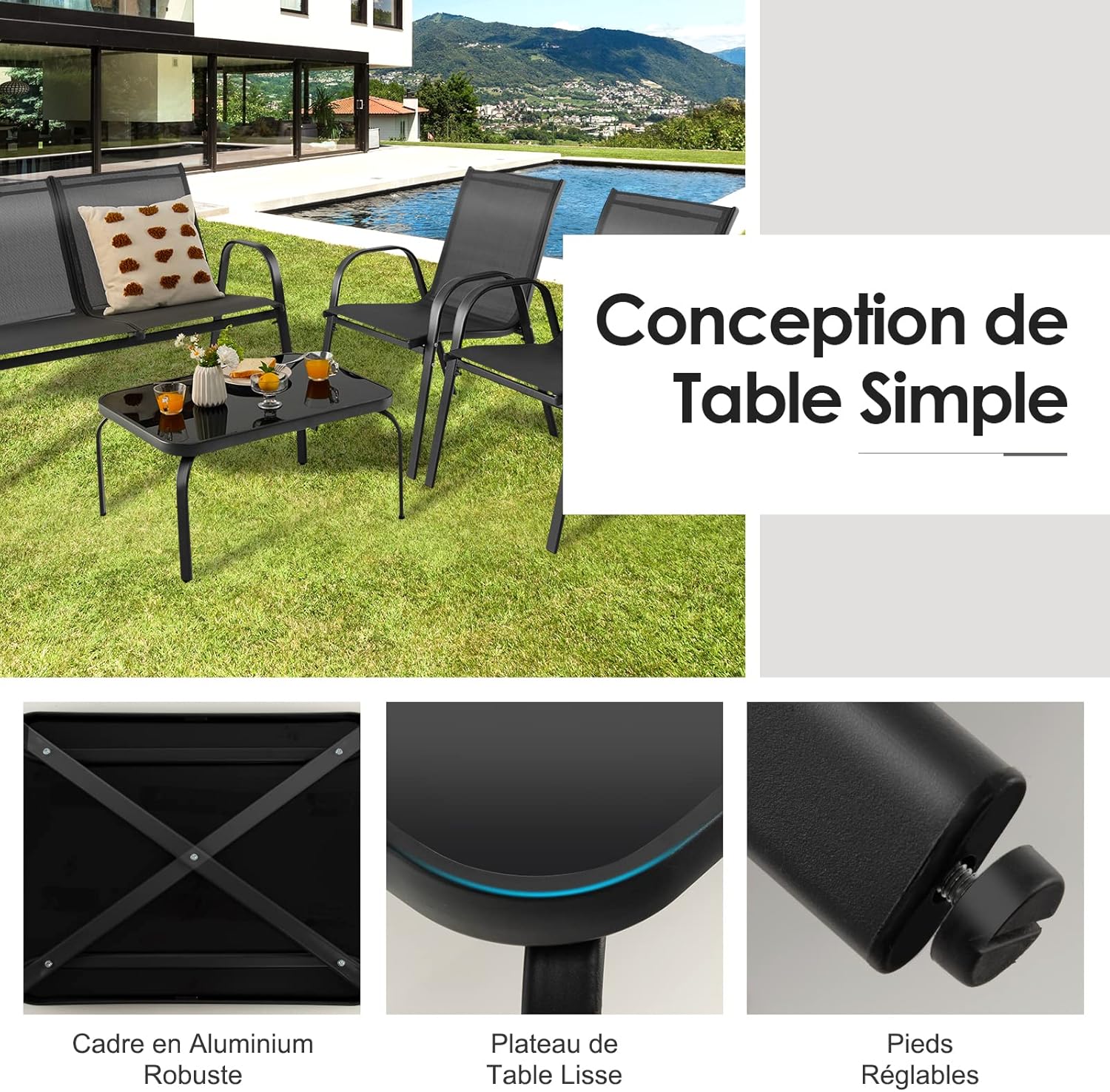 4 Pcs Ensemble de Meubles de Jardin avec 3 Chaises en Textilene, Lot de 4 Salon de Jardin 4 Personnes avec Table Basse,pour Jardin,Terrasse - 4