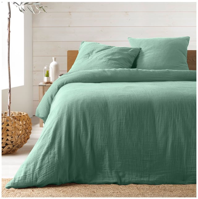 Housse de couette + 2 taies gaze de coton 240 x 260 cm Tendance sauge