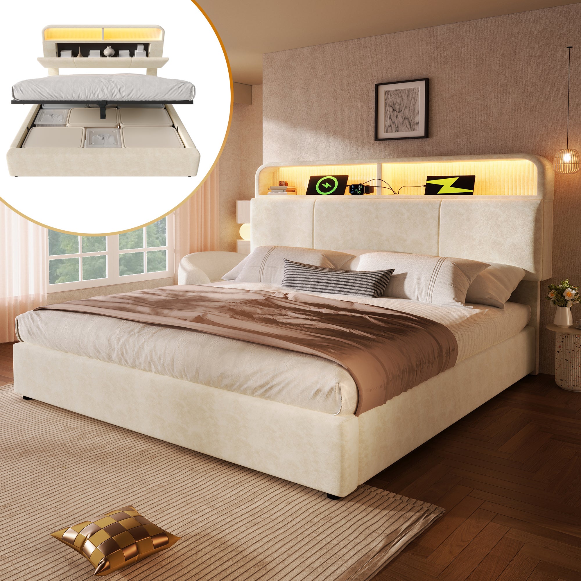 Lit coffre 140 x 190 cm avec tête de lit rangemnt - Velours - LEDs, charge USB/Type-C - Sommier à lattes - Beige (matelas non inclus) - 9