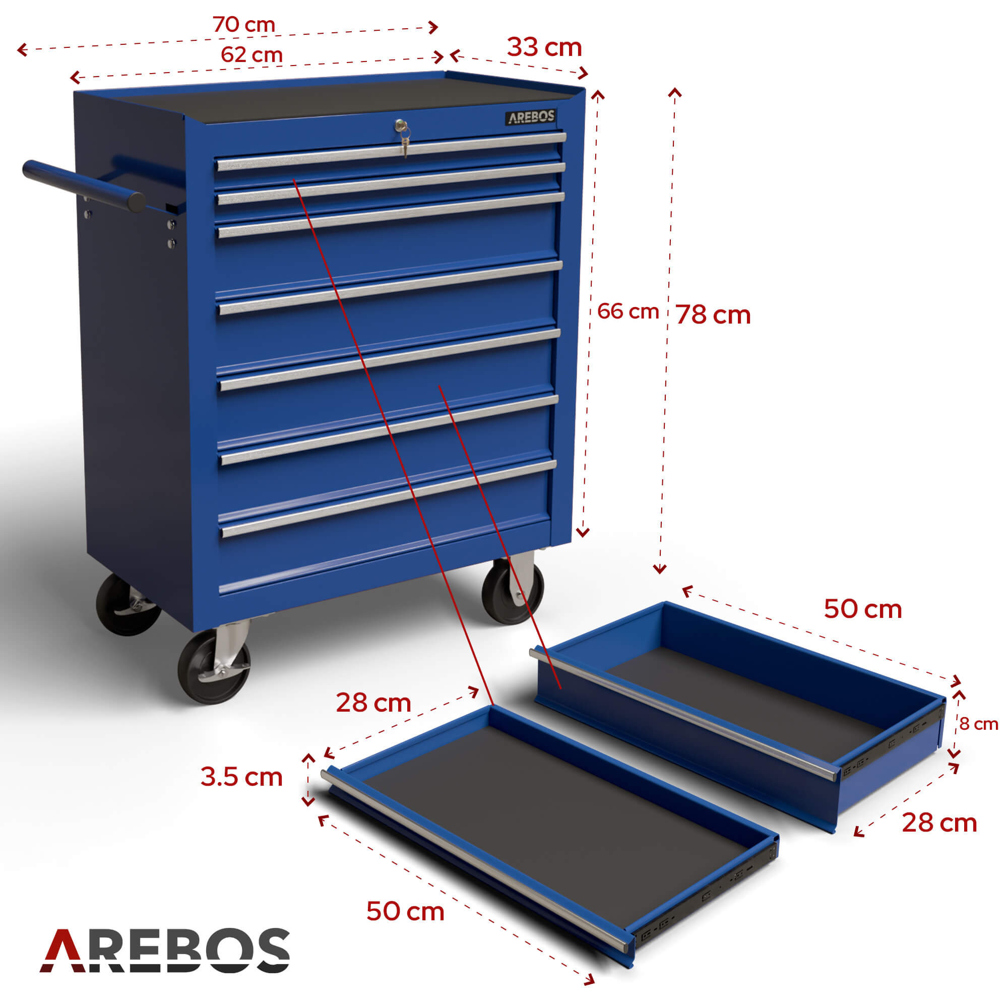 AREBOS Chariot d’atelier robuste avec 7 tiroirs, roues pivotantes et système de verrouillage central sécurisé - 9
