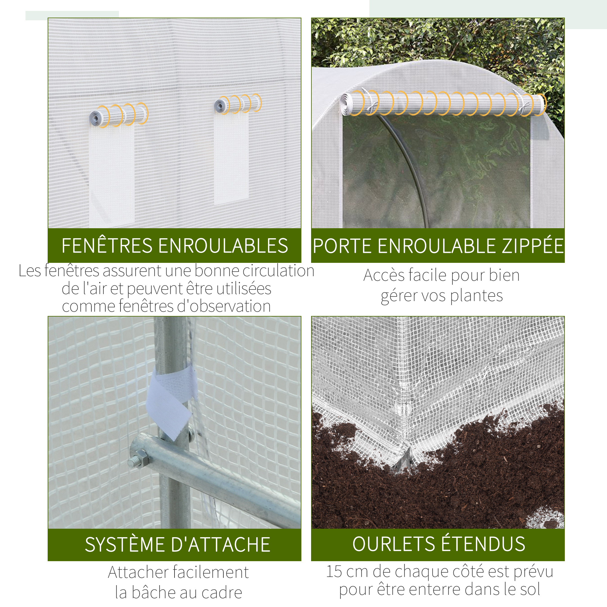 Serre de Jardin Tunnel Surface Sol 7 m² 3,5L x 2l x 2H m châssis Tubulaire renforcé 18 mm 6 fenêtres Blanc - 6