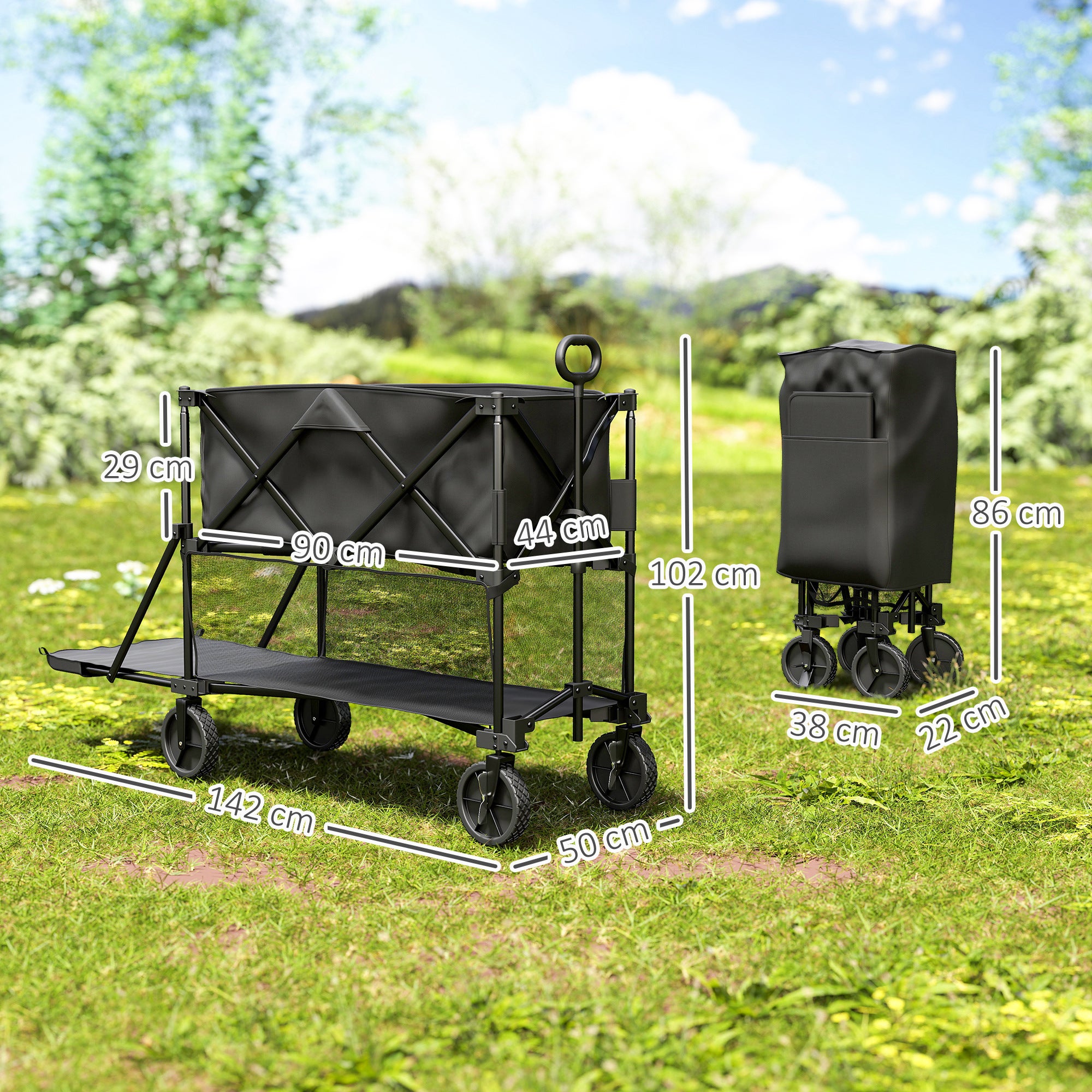 Chariot de jardin - Outsunny - pliable - 350L charge max 200 kg - deux étages - avec roues tout terrain - pour extérieur - noir - 3