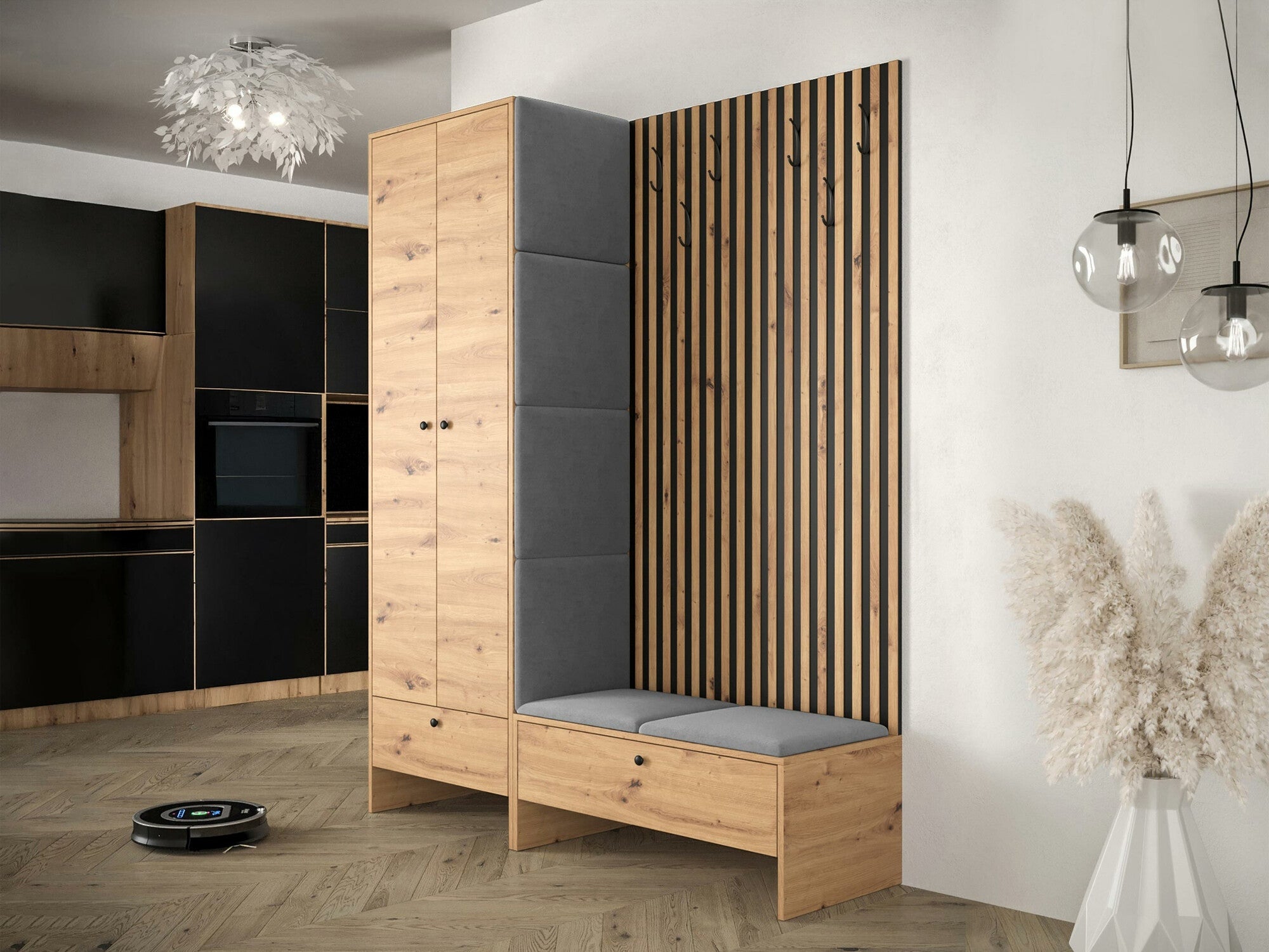Meuble d'entrée Donio III, 206x145x44cm, Noir, Chêne Artisan, Tissu, Stratifié, À poser - 2