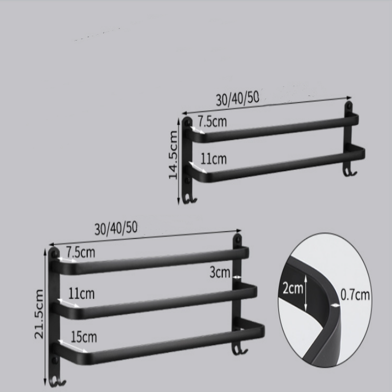 Porte-serviettes à 3 étages sans perçage, porte-serviettes noir avec crochets - Convient pour la salle de bain, la chambre- 40cm - 4