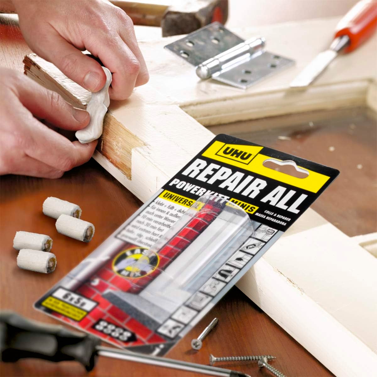 UHU Colle à réparer Powerkitt mini - Pâte époxy 2 composants pour coller, combler, étanchéifier, réparer, intérieur et extérieur, Gris, 6 x 5g - 2