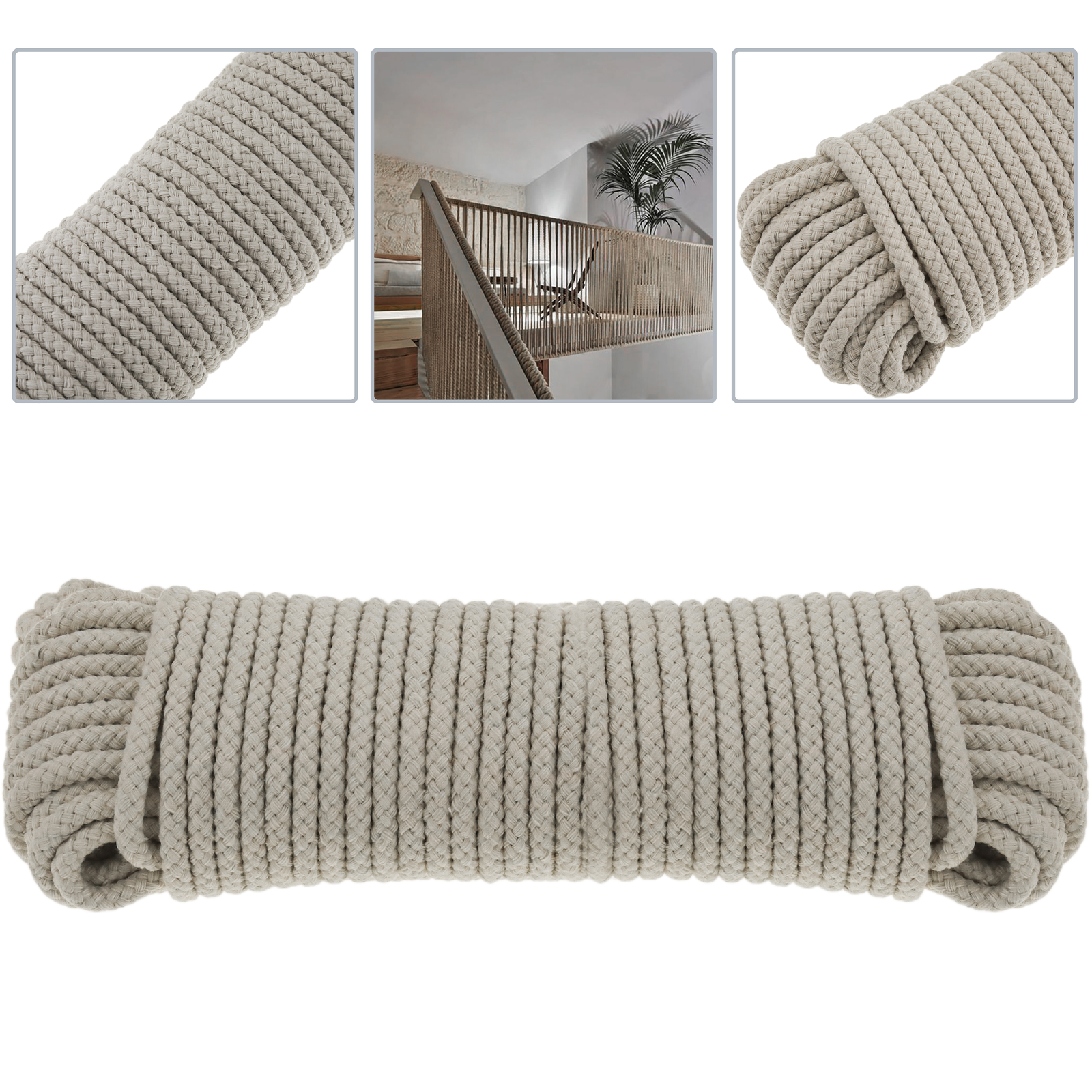 Corda In Cotone Naturale Da 10 Mm X 10 M - Spessa E Morbida Per Macramè, Fai Da Te, Appendere Piante E Decorazioni - Gomitolo Da 4 Fili Intrecciati - Bianco Naturale