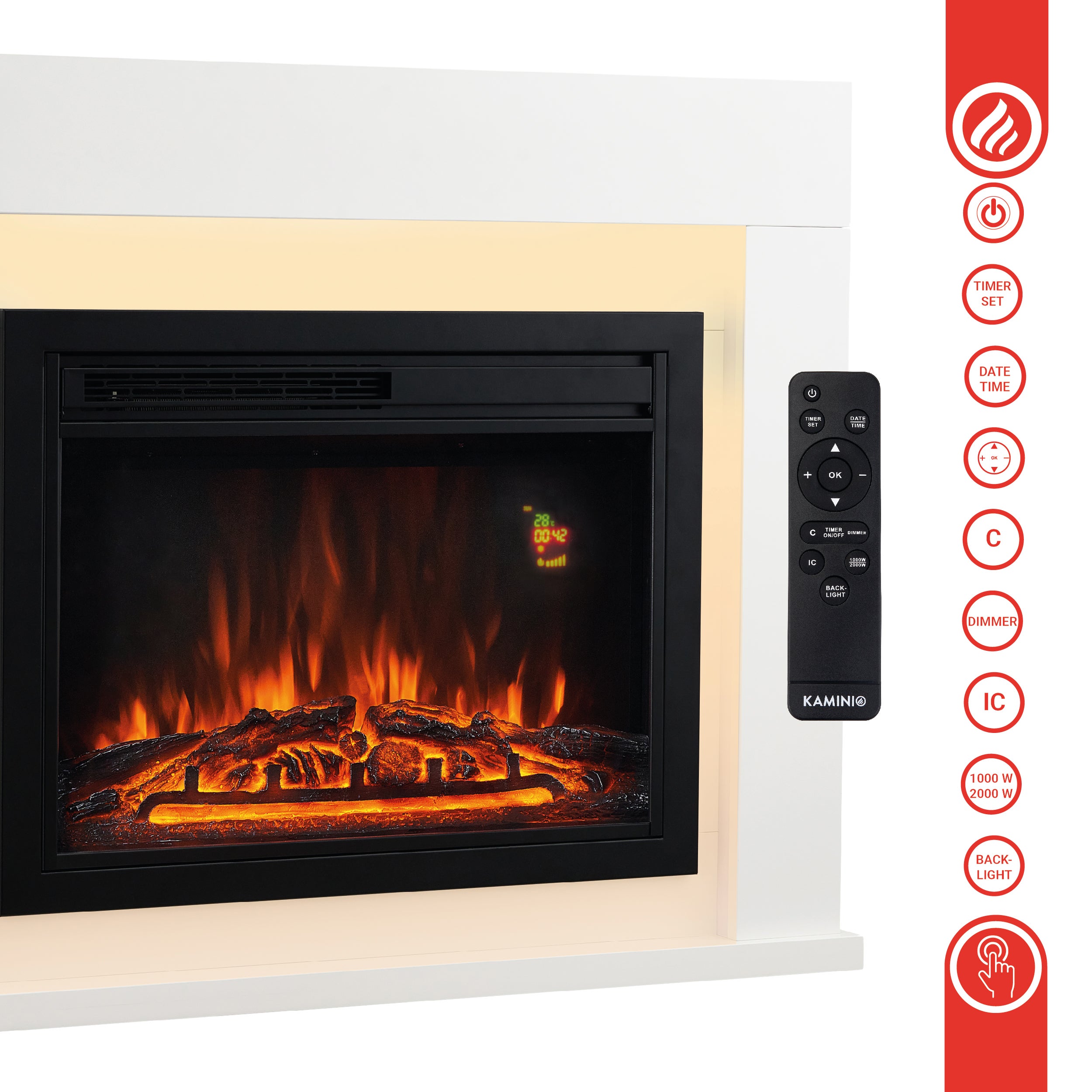 KAMINIO Cheminée Électrique MATTI - Cheminée sur Pied avec chauffage, Effet de flamme 3D, Lumière d'ambiance LED, Télécommande-Blanc - 6