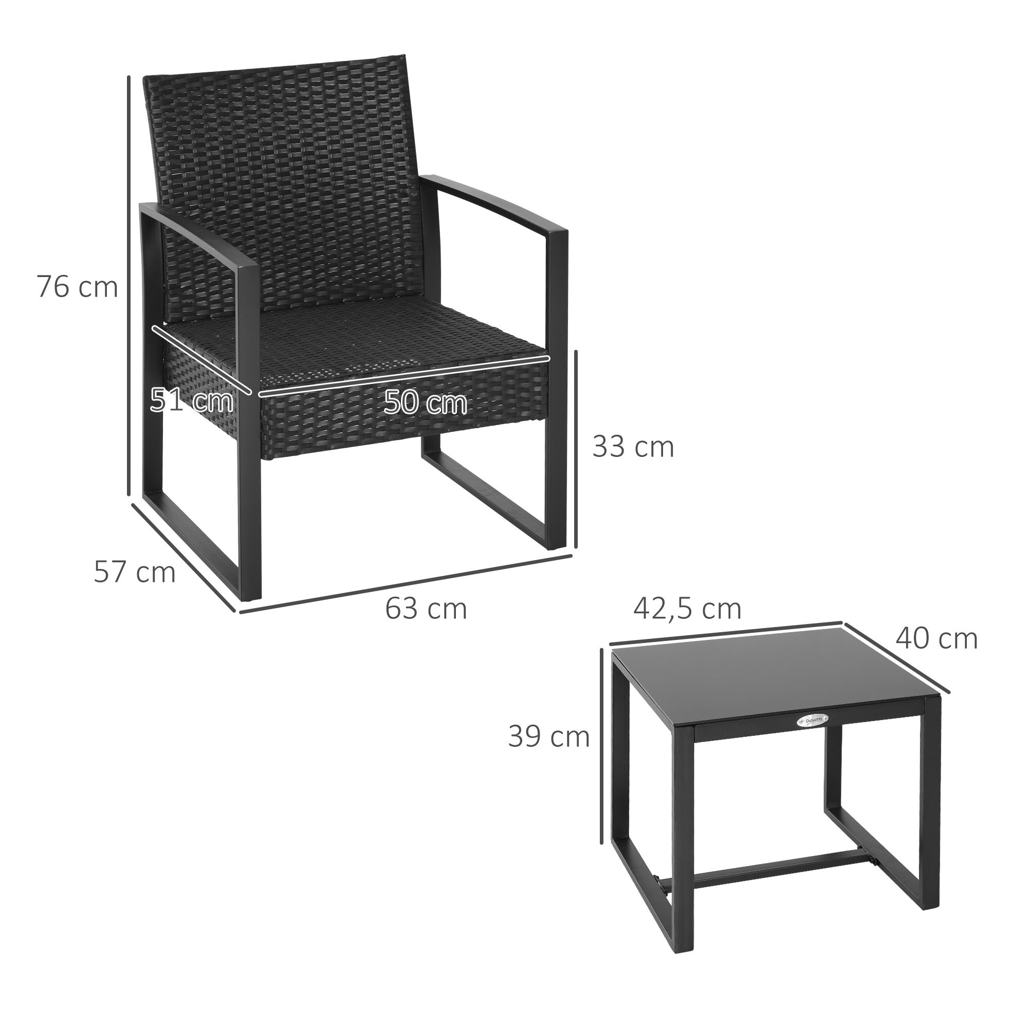 Conjunto de Cadeiras de Jardim Outsunny Preto Vime PE, Metal, Vidro Temperado e Tecido de Poliéster 63x57x76cm - 3