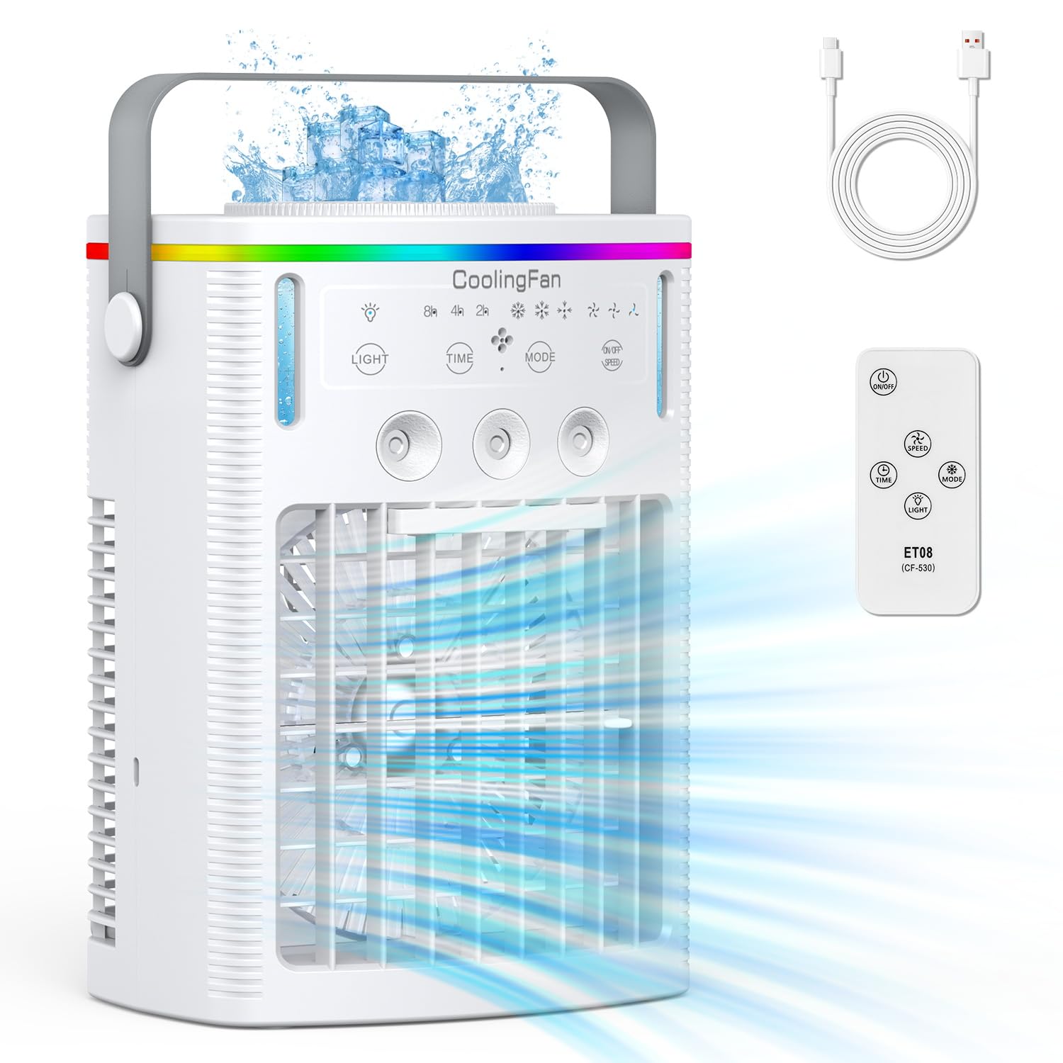 Piccolo Condizionatore D'aria Portatile USB, Ventilatore Per Ghiaccio Soffiatore Daria Fredda 2 Porte Di Nebulizzazione 3 Velocita Del Vento E 7 Luci Led Colorate Nebbia Fredda E Timer Raffresca 88240875