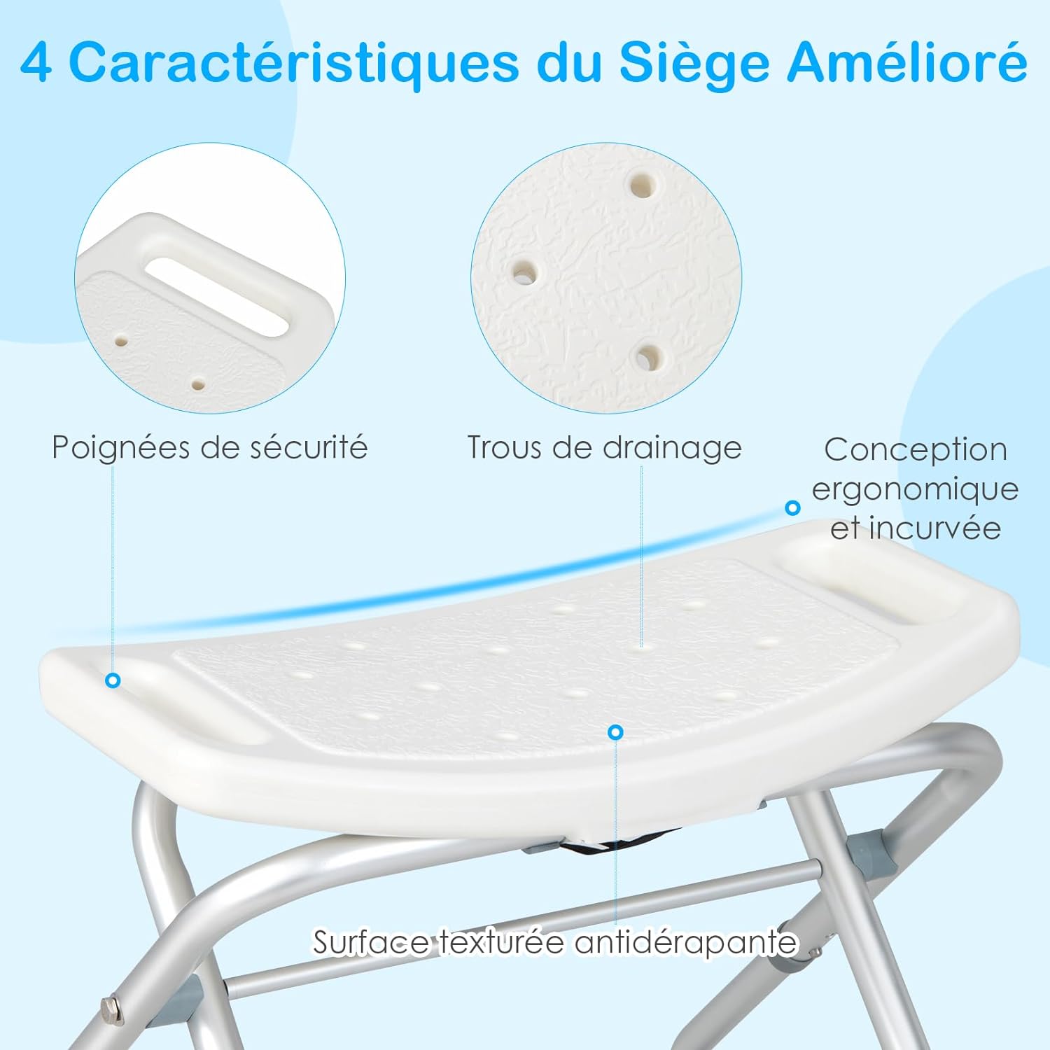 Tabouret de Douche Hauteur Réglable 49-52,5 cm, Chaise de Douche pour Personnes Agées Handicapées - 3