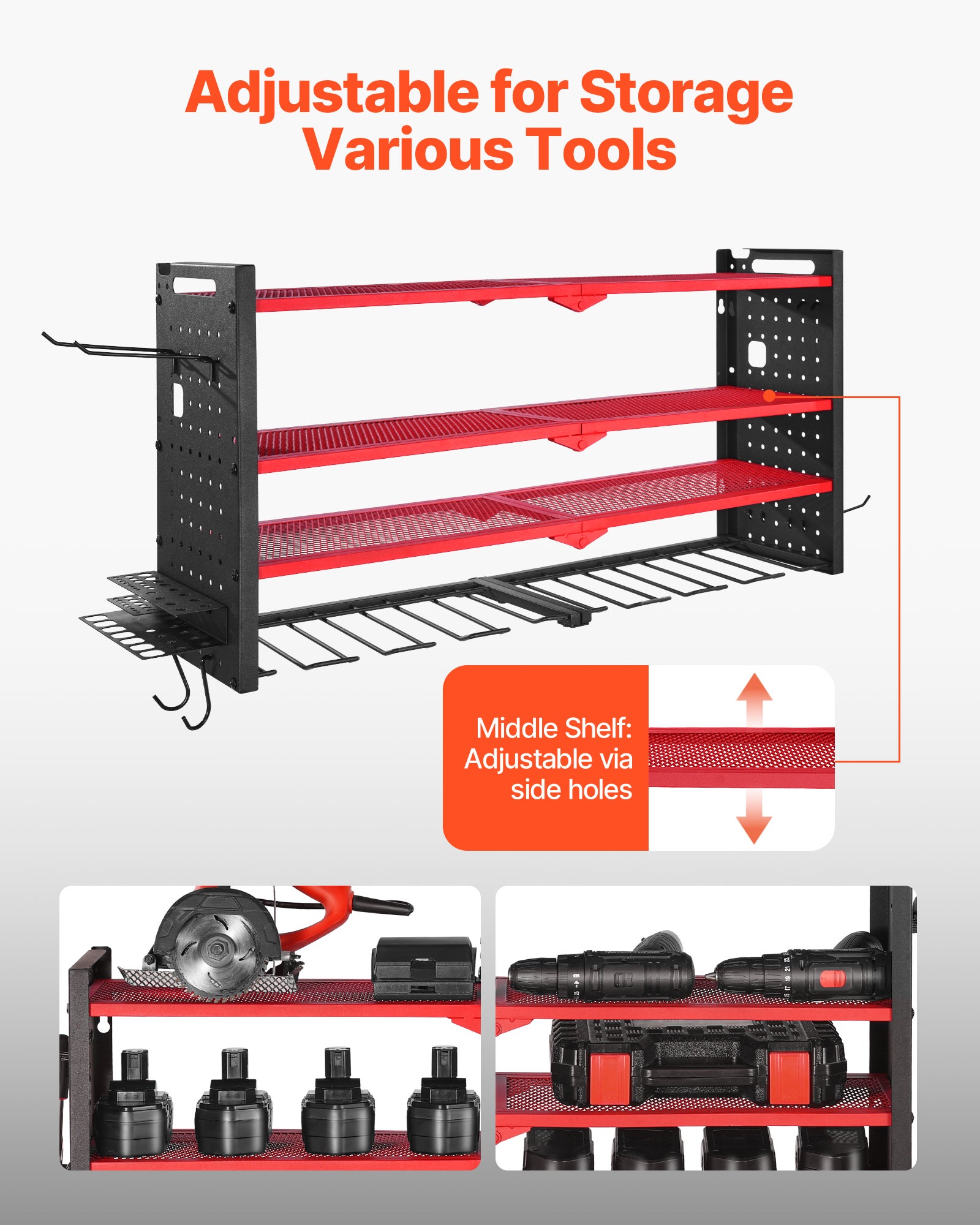 Organiseur mural outils électriques VEVOR, acier, 4 niveaux, 8 supports perceuse, panneaux perforés latéraux, étagère garage/atelier - 3