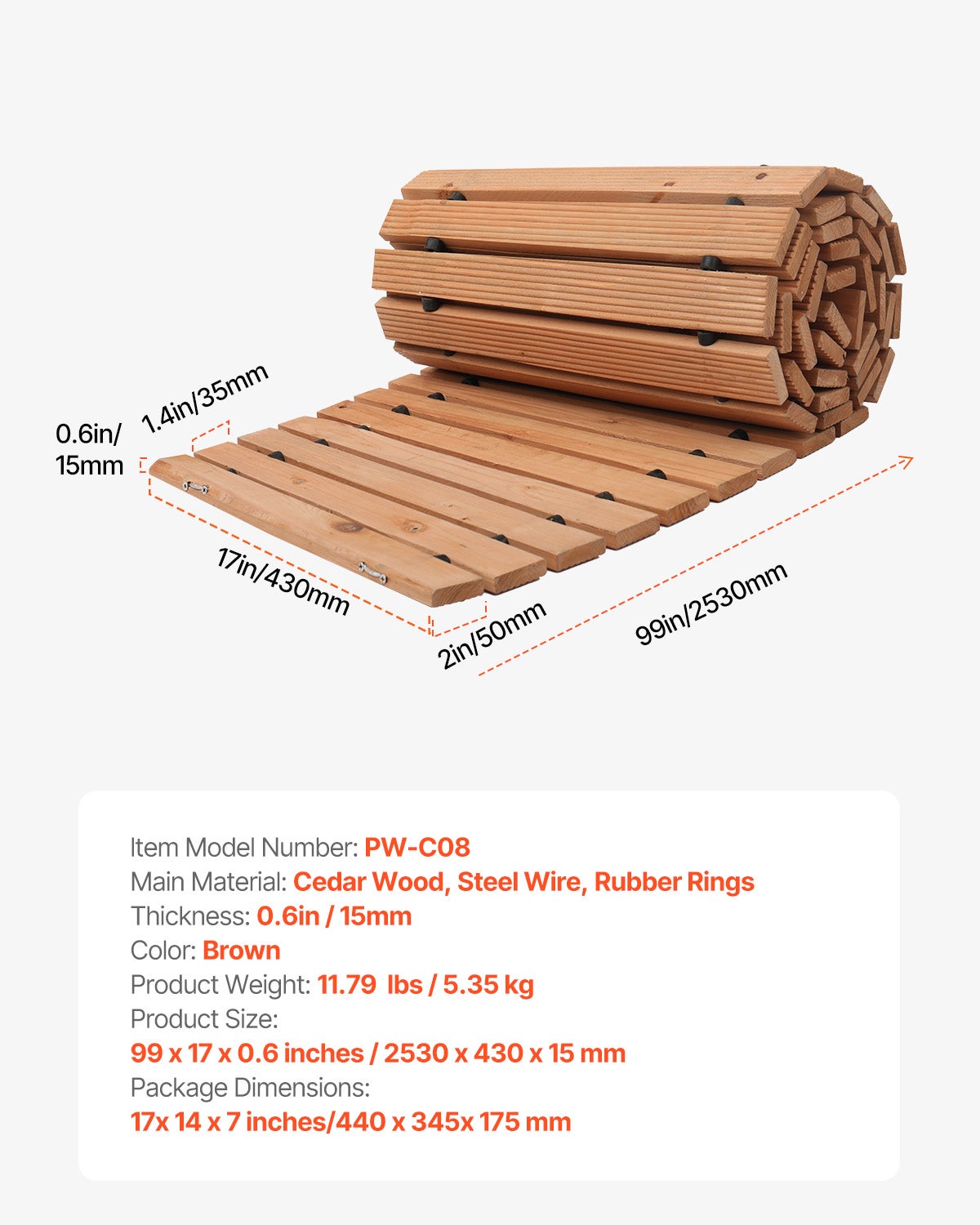 Allée de jardin en bois,VEVOR 8 pi x 17 po,cèdre incurvé antidérapant,connexion par câble,chemin décoratif extérieur pour cour - 7
