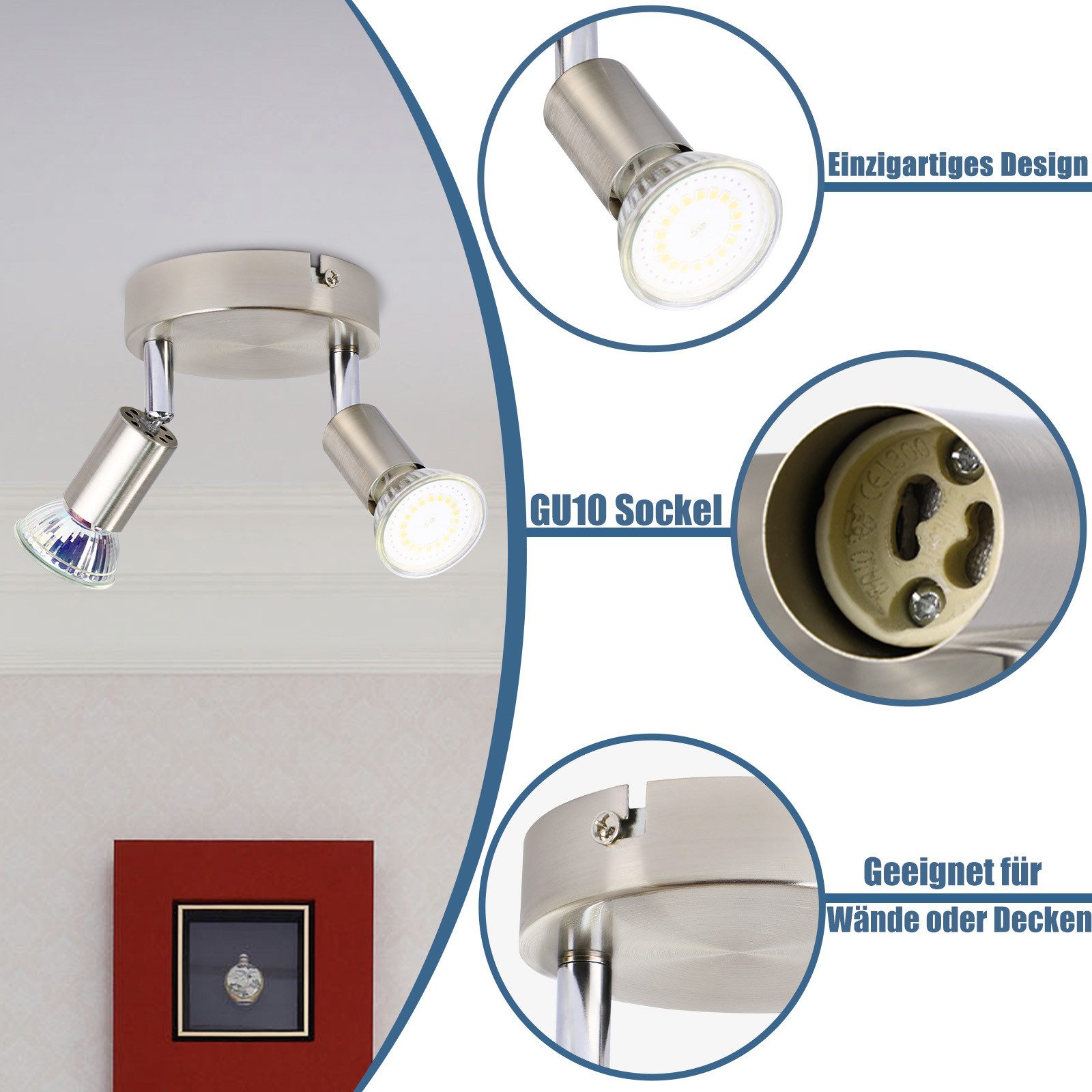 NETTLIFE LED 2 Focos de Techo GU10 Orientables 350°, Lámpara Moderna Redonda de Metal Níquel para Salón Dormitorio Sin Bombilla - 6