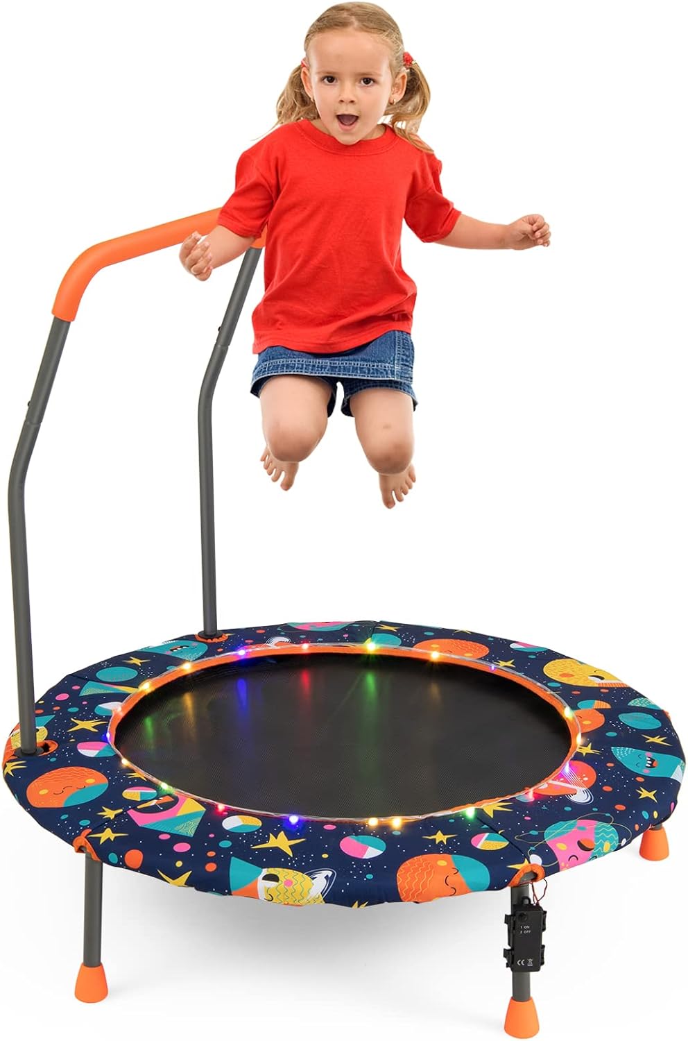 Trampolina dla Dzieci Ø 92 cm, Oświetlenie LED, Stalowa Rama, Wyściełany, Zdejmowany Uchwyt Zabezpieczający, dla Dzieci w Wieku 3–6 Lat