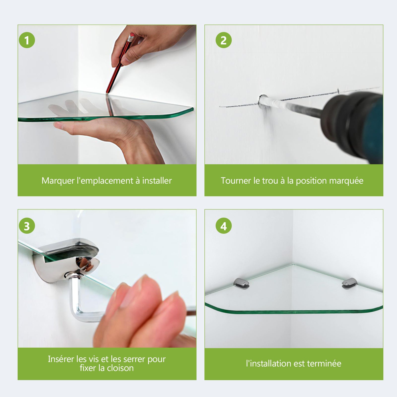 Étagère murale en verre d'angle 23×23 cm, 6 mm d’épaisseur, pour salle de bain – support chromé – 2 pièce S’AFIELINA - 8