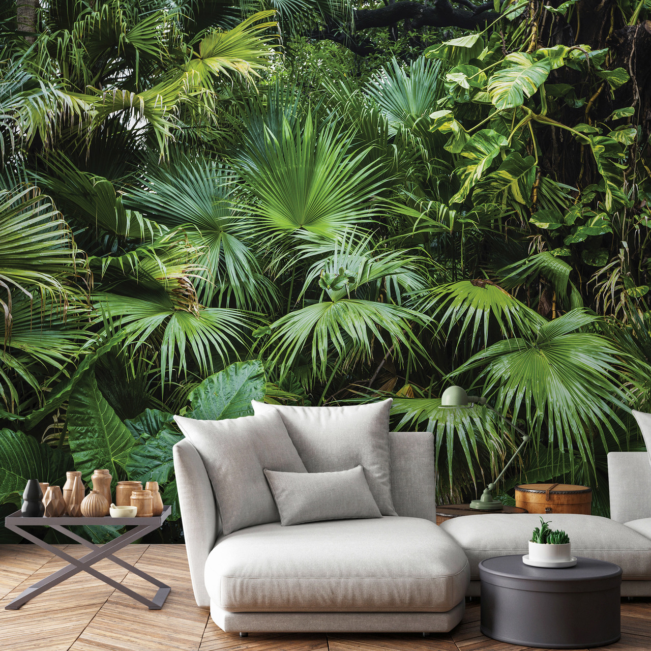 Papier Peint Intissé Panoramique Jungle Vert Forêt Tropicale 368x254cm - Colle Inclus - Chambre et Salon - Moderne Trompe l'oeil - 2