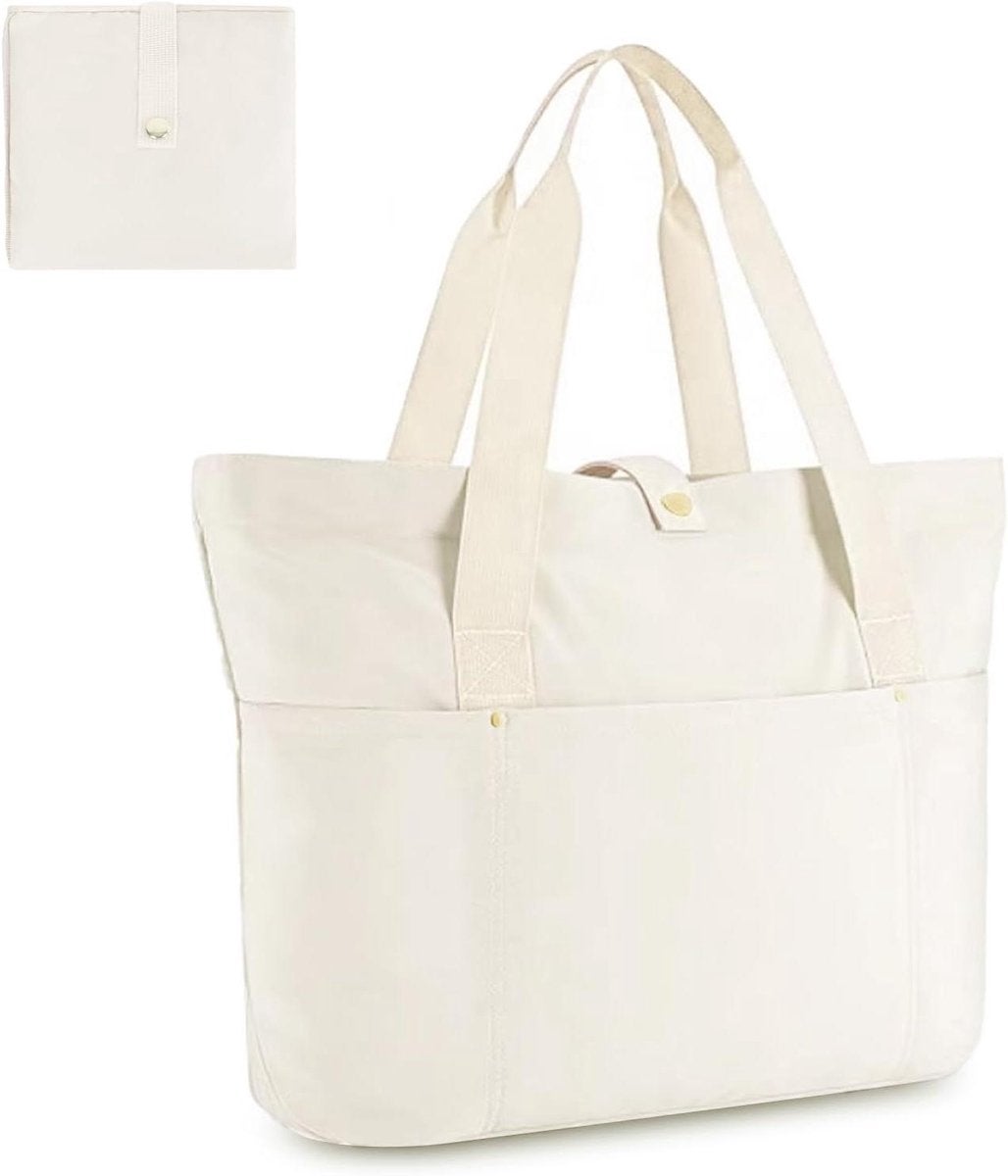 Geantă mare de damă, geantă de umăr pliabilă cu fermoar și buzunare, geantă de plajă impermeabilă, geantă de voiaj, bej 41,6 x 15,2 x 29,2 cm