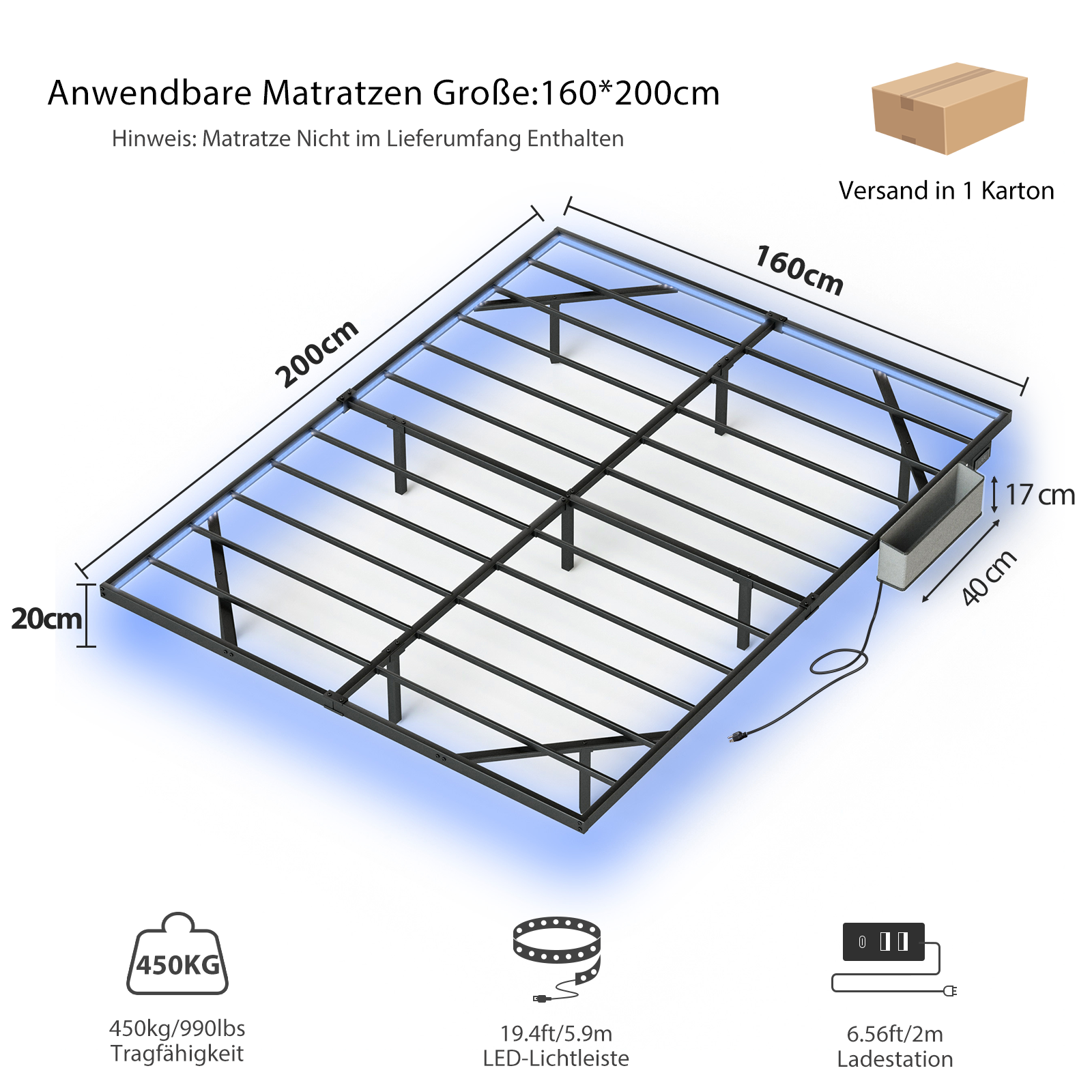 Cama flutuante em metal 160 x 200 cm com iluminação LED, estrado de ripas metálico, iluminado, preto - 4