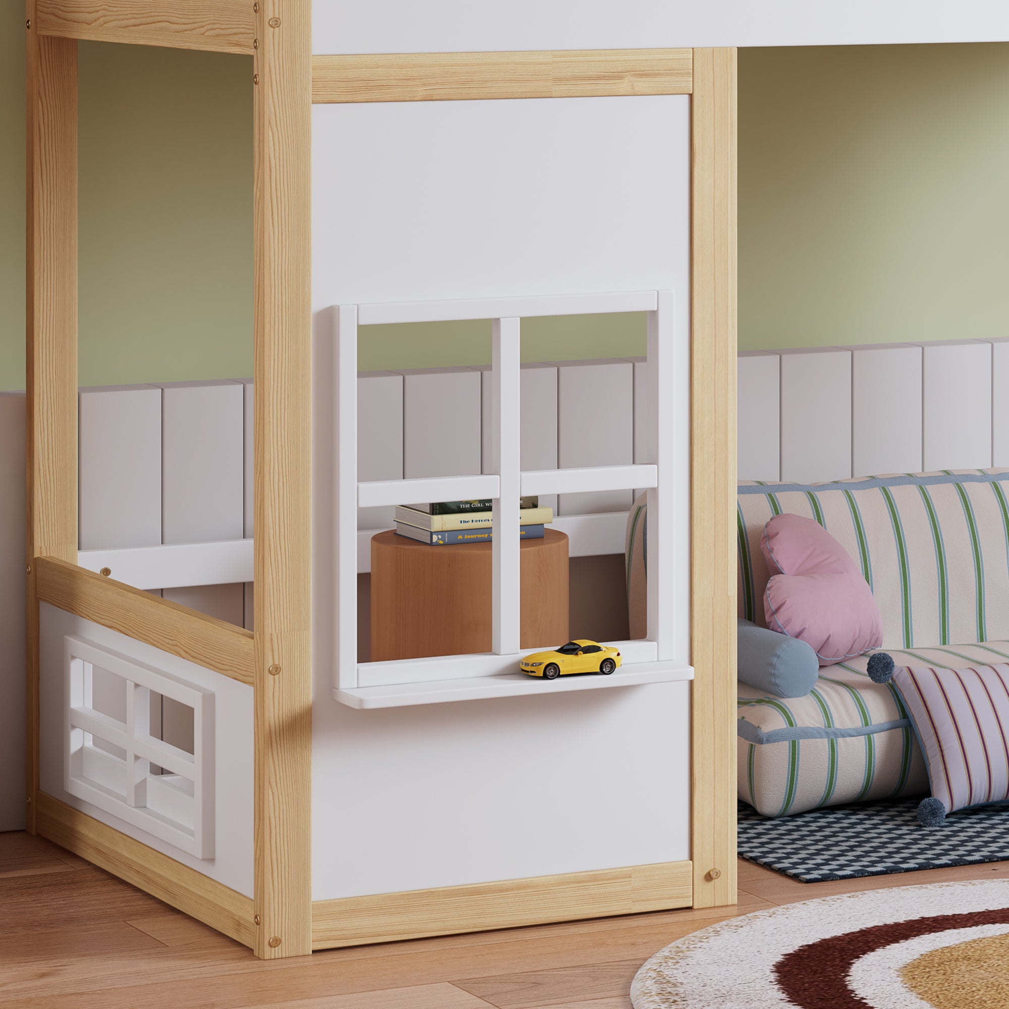 Lit mezzanine 90x200cm avec échelle, lit superposé bois avec 3 fenêtres et barrière de sécurité, cadre de pin, sommier à lattes, blanc (sans matelas) - 5