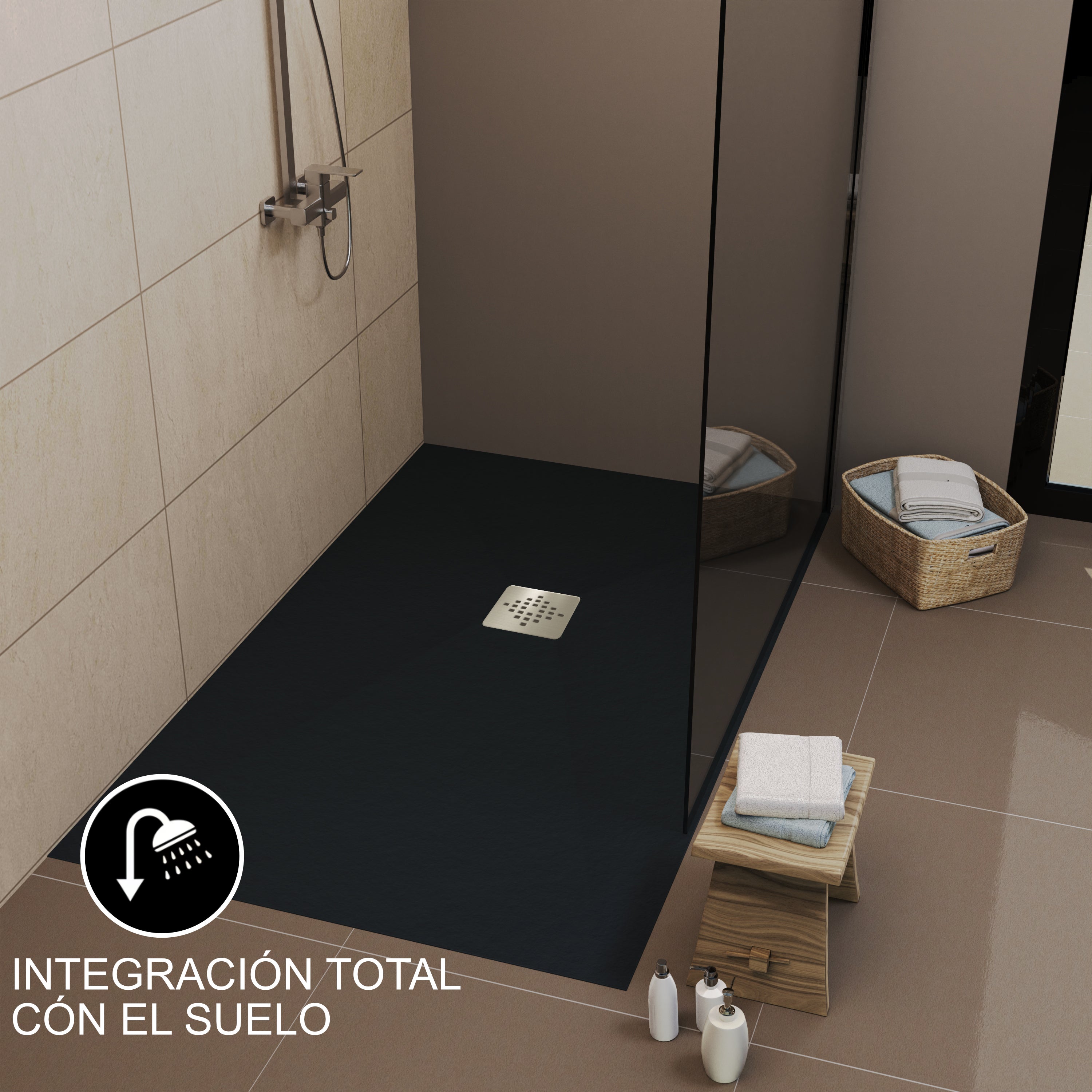 Plato de ducha 70x190 cm de resina Antideslizante C3 | Carga mineral, textura pizarra, antracita ral 7016 | Incluye válvula y rejilla - 2