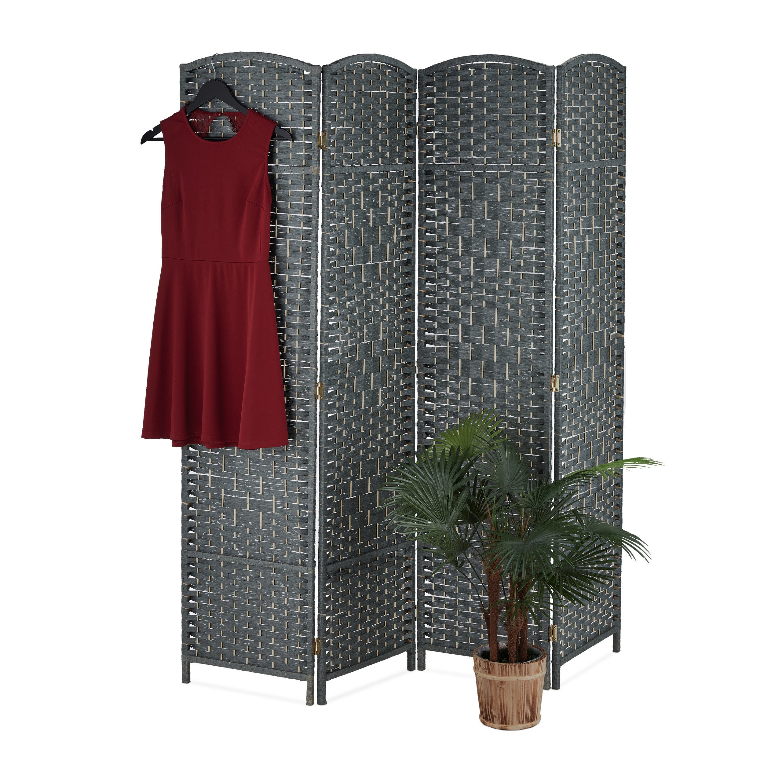 Relaxdays biombo divisorio, 170x160 cm, separador ambientes plegable, mampara 4 paneles, madera y cuerda de papel, gris