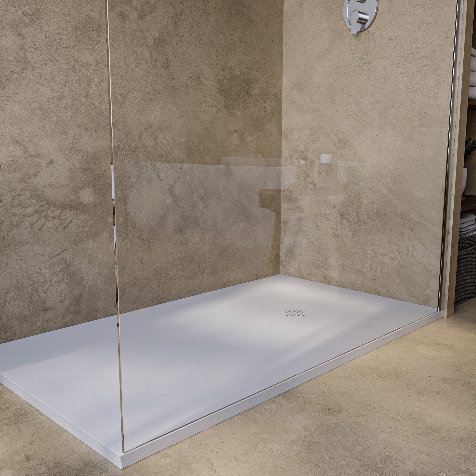 Receveur de Douche -Résine -Gel Coat -Texture Lisse/Pierre -Antidérapant -Couleur Blanc - 120x80- Extra plat 3cm. GRILLE MÊME COULEUR - 3