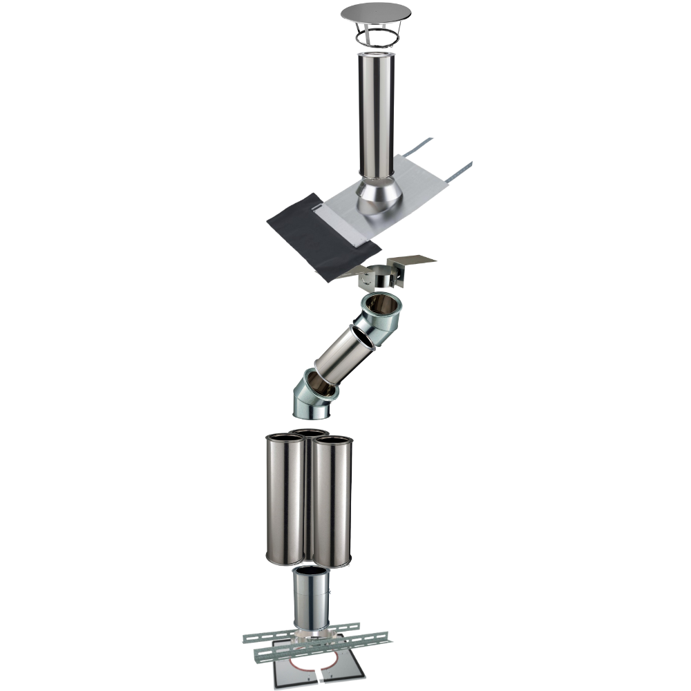 Kit conduit isolé sortie toiture avec dévoiement Inox-Galva et Inox-Inox Ø150 Poujoulat - Déport 53 cm / Longueur 508 cm - 2