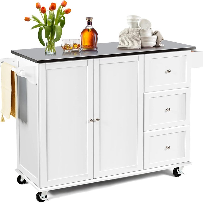 Szafka Kuchenna, 135 x 45,5 x 91,5 cm, Szafka na Kółkach z Półką na Przyprawy i Wieszakiem na Ręczniki, Biała