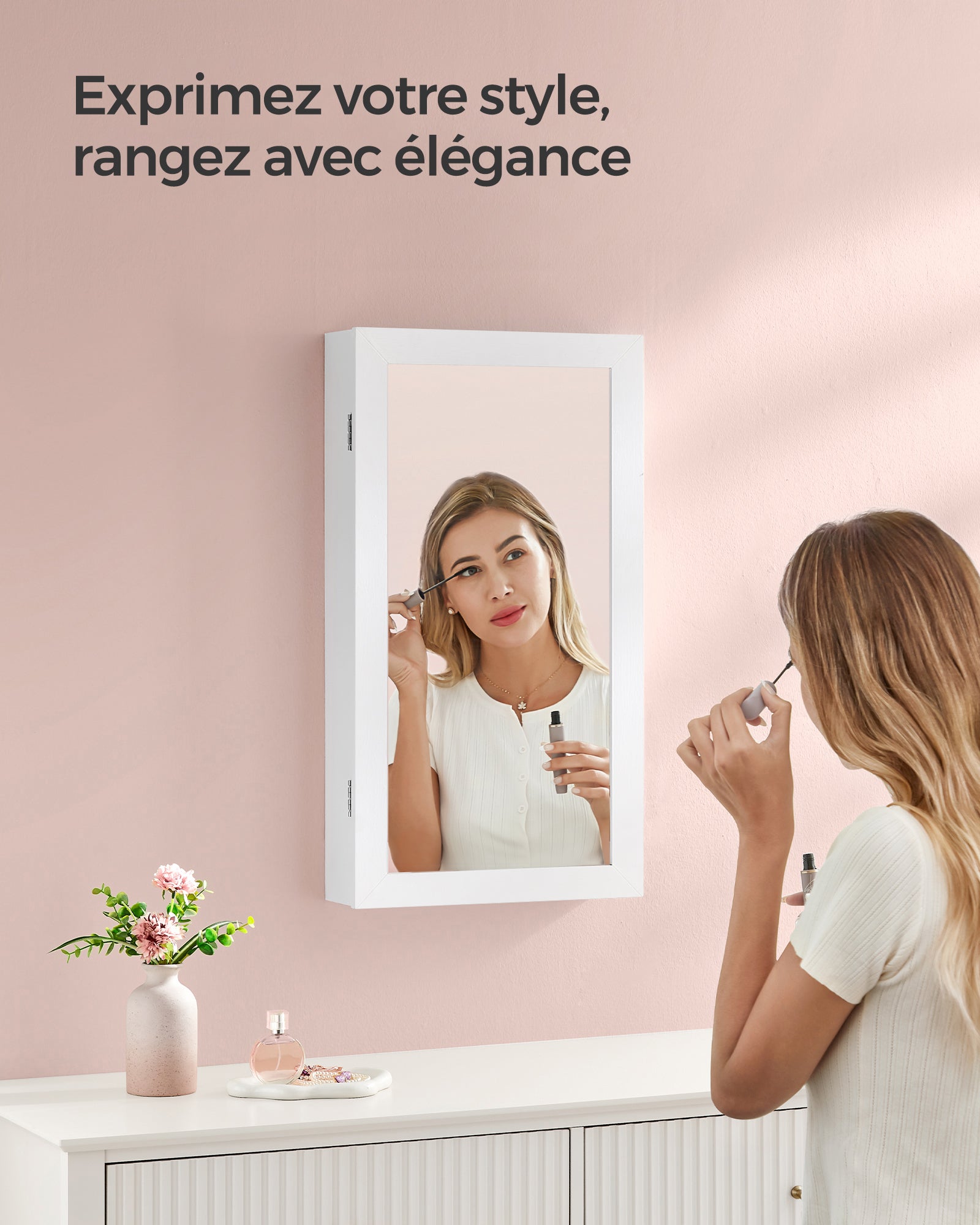 Armoire à Bijoux Murale, Organisateur de Bijoux, Rangement, Verrouillable, avec Miroir, Peu Encombrant, Surface en Blanc et Doublure en Grège - 2