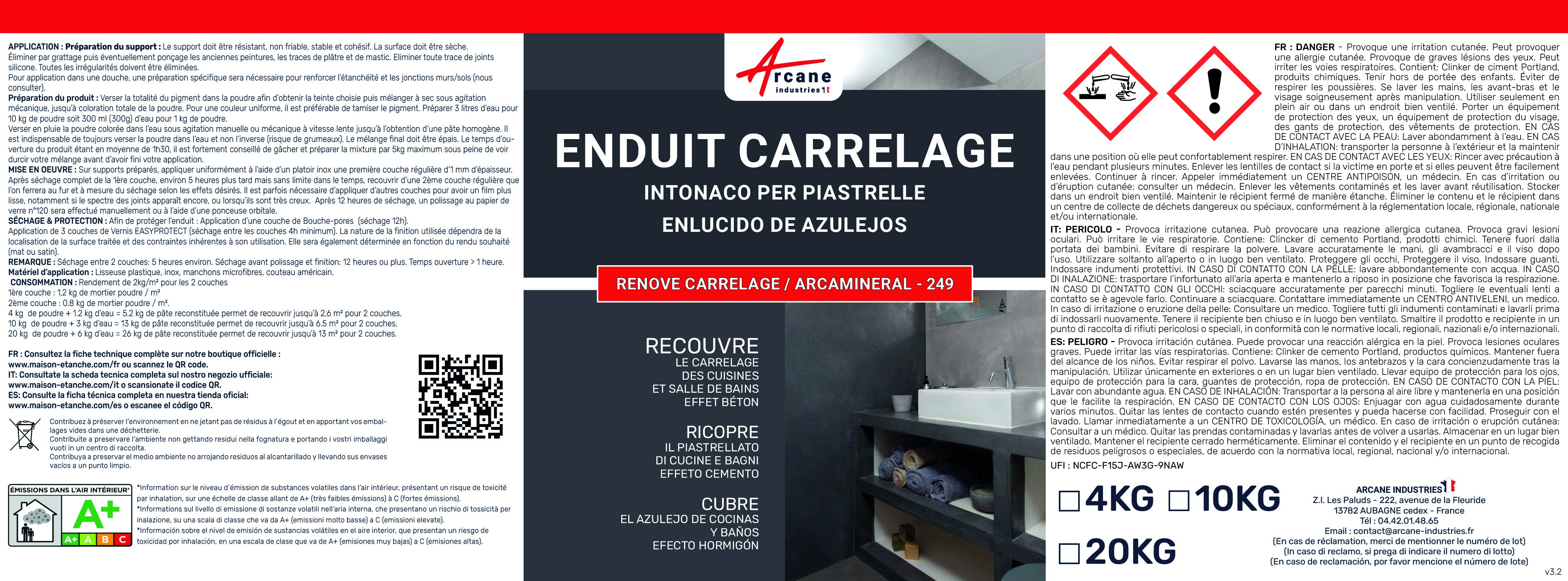 Enduit carrelage pour Mur et Sol - RENOVE CARRELAGE - 20 kg (environ 13 m²) Souris - ARCANE INDUSTRIES - 3