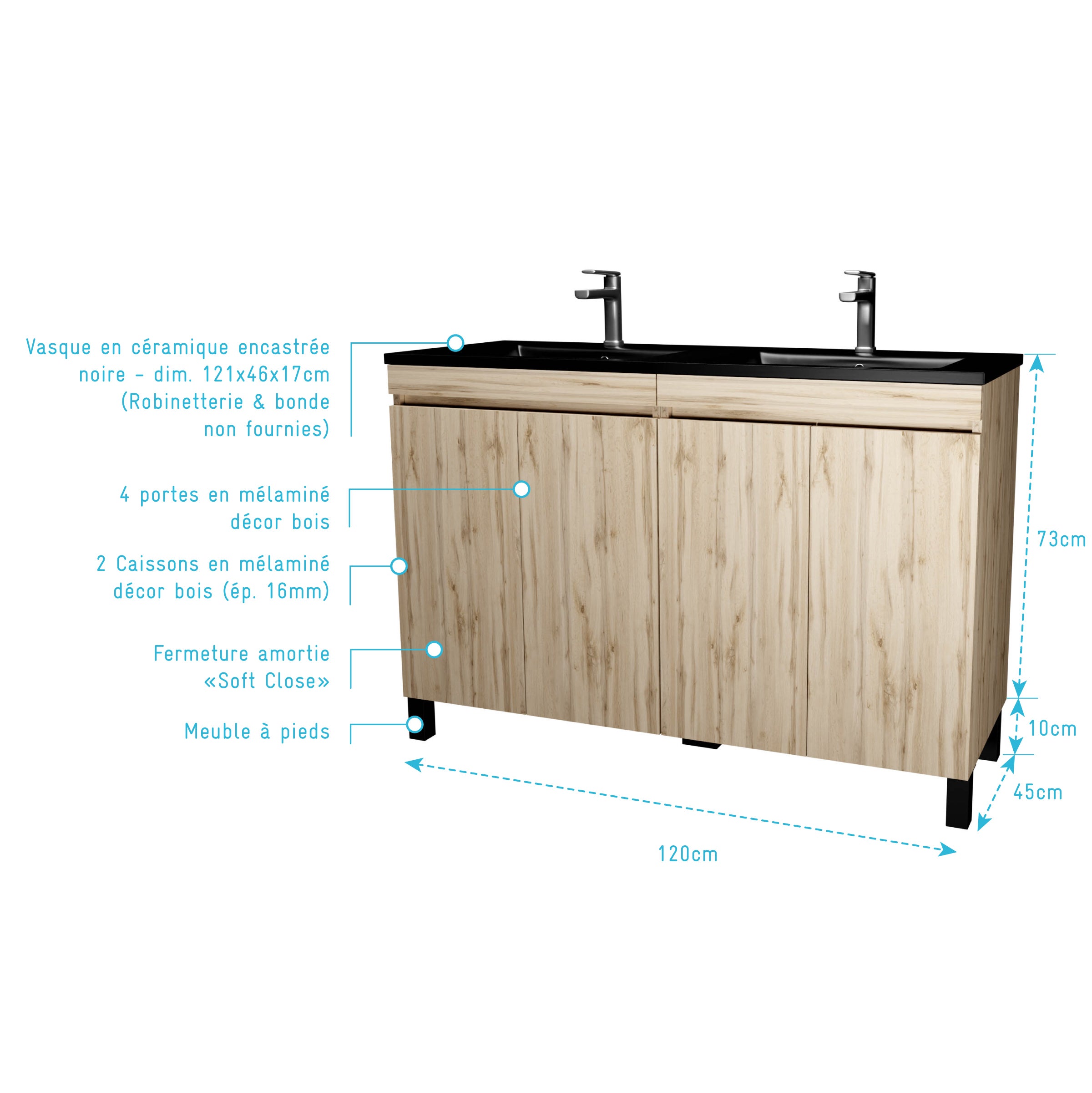 Meuble de salle de bains 120 cm 4 Portes Chêne Naturel + Vasque Double Céramique Noire - TIMBER - 4