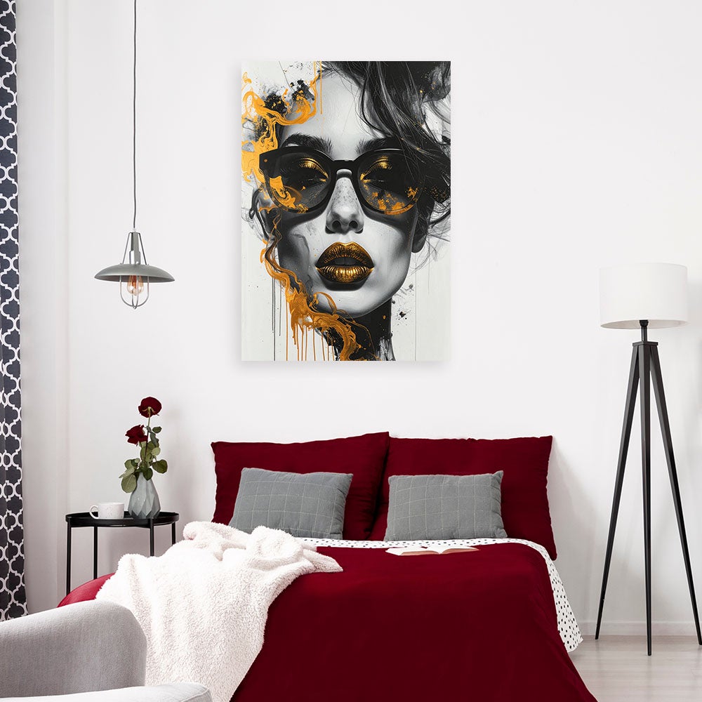 Obraz na płótnie do salonu sypialni, Kobieta Glamour Portret Czarno Biały Złoty 60x90 - 2