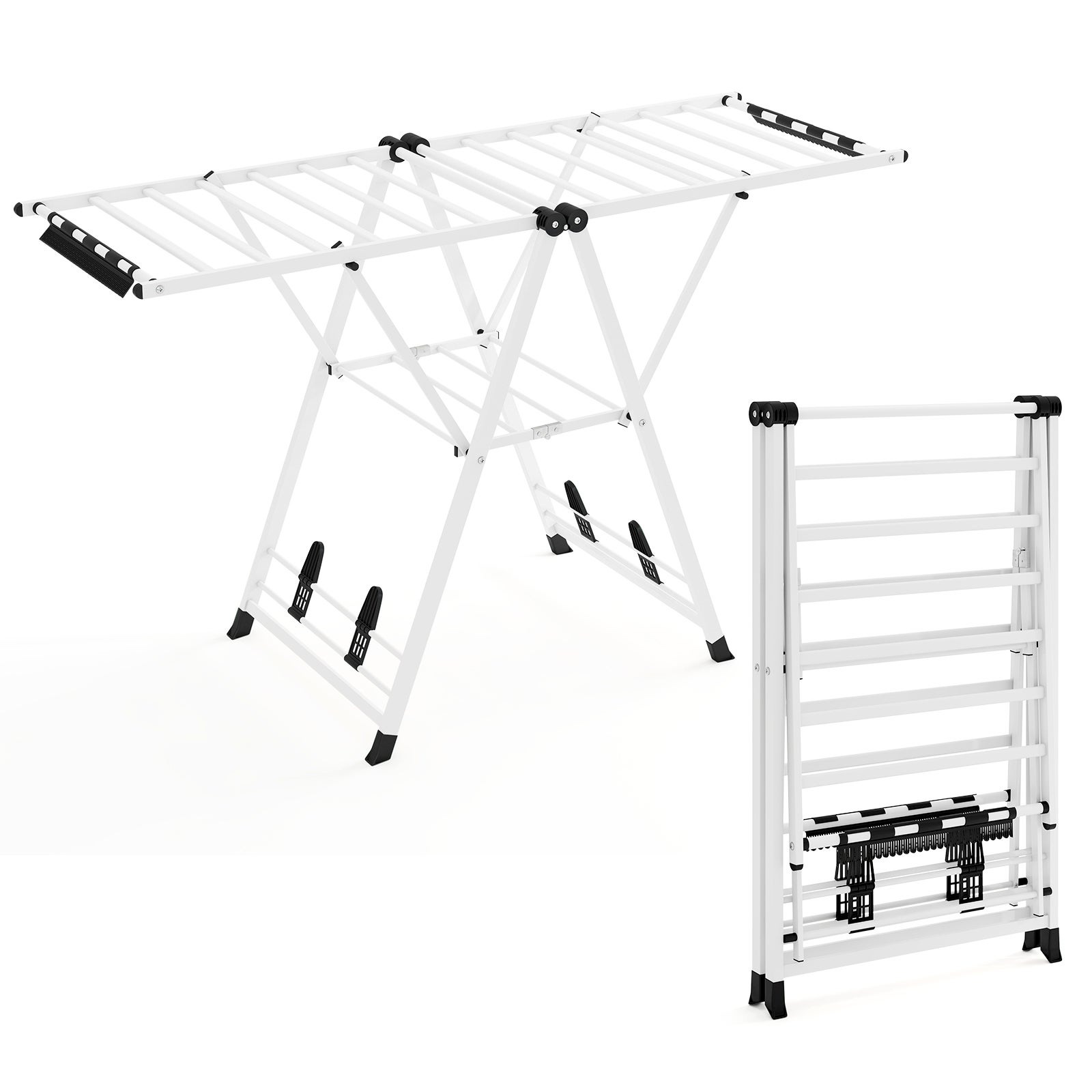 Składana Suszarka do Ubrań, Składana Suszarka do Ubrań na Zewnątrz i do Wnętrz o Regulowanej Wysokości i Bocznymi Skrzydłami, 18 Prętów, Buty, Ubrania
