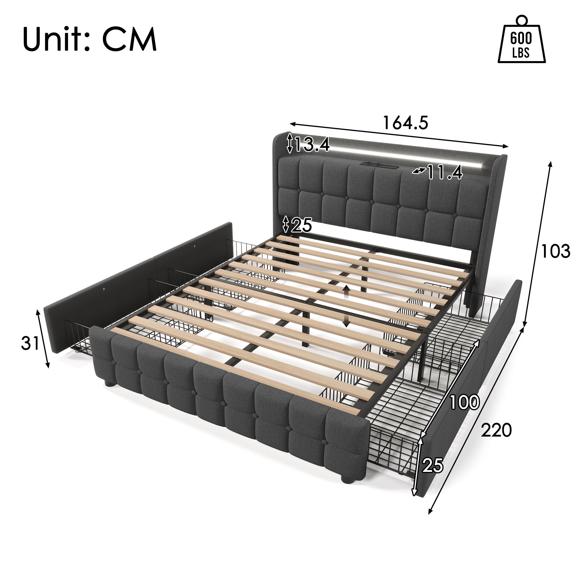 Cama tapizada 160x200cm en lino - con LED y puertos de carga USB - 2 cajones - Gris - 8
